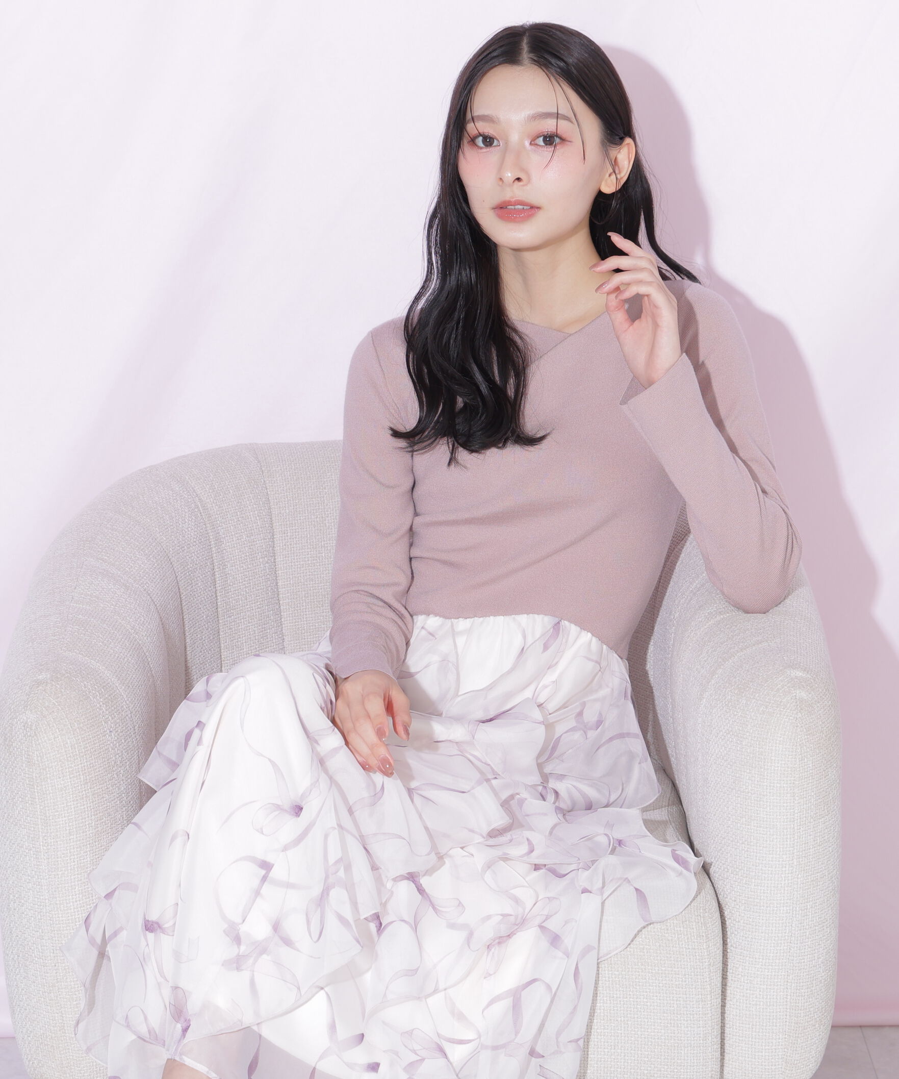  「リボンプリントニットドッキングワンピース」|ワンピース|