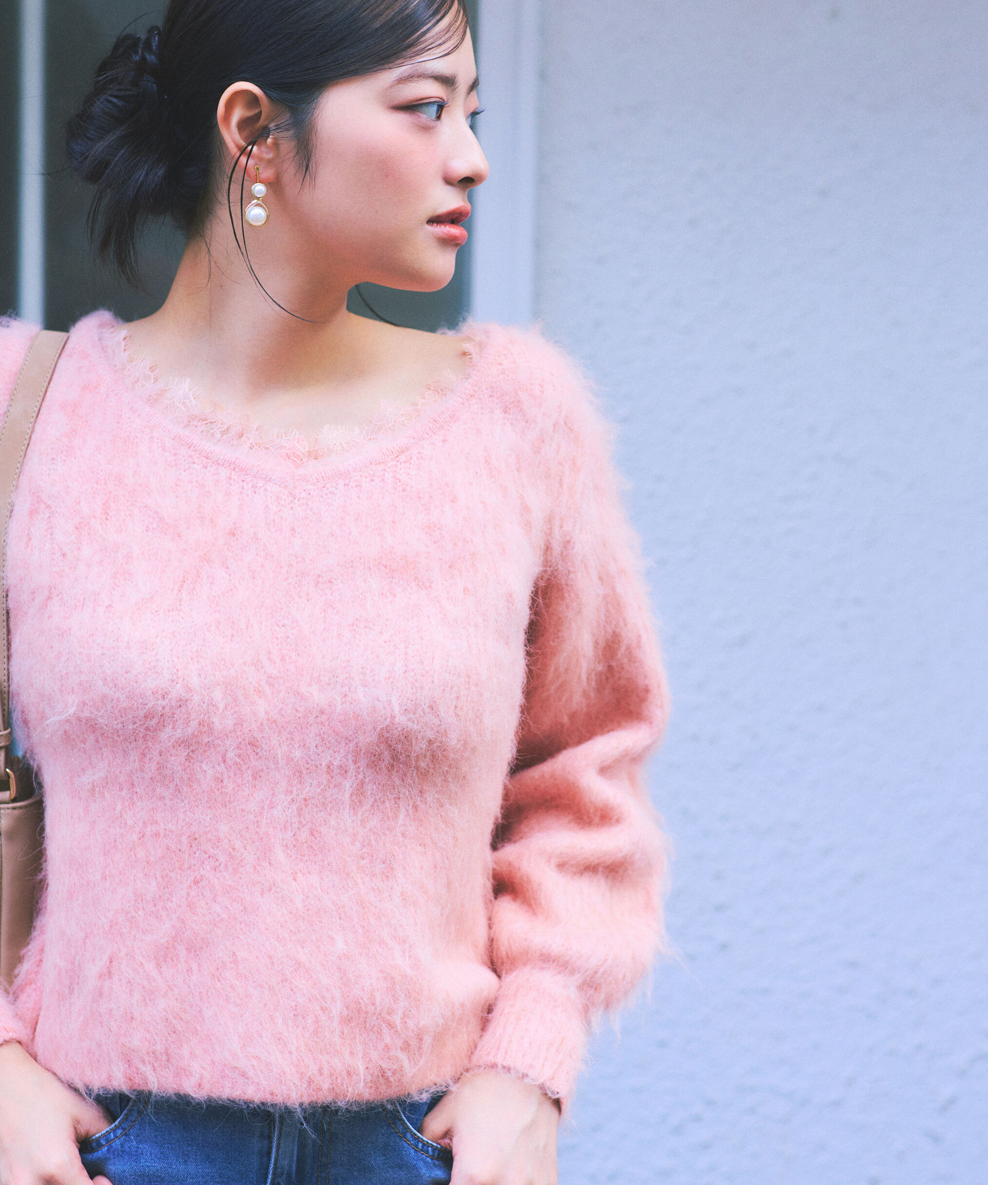 PROPORTION BODY DRESSING「襟元レースニットトップ 25AW」|ニット・セーター|ピンク