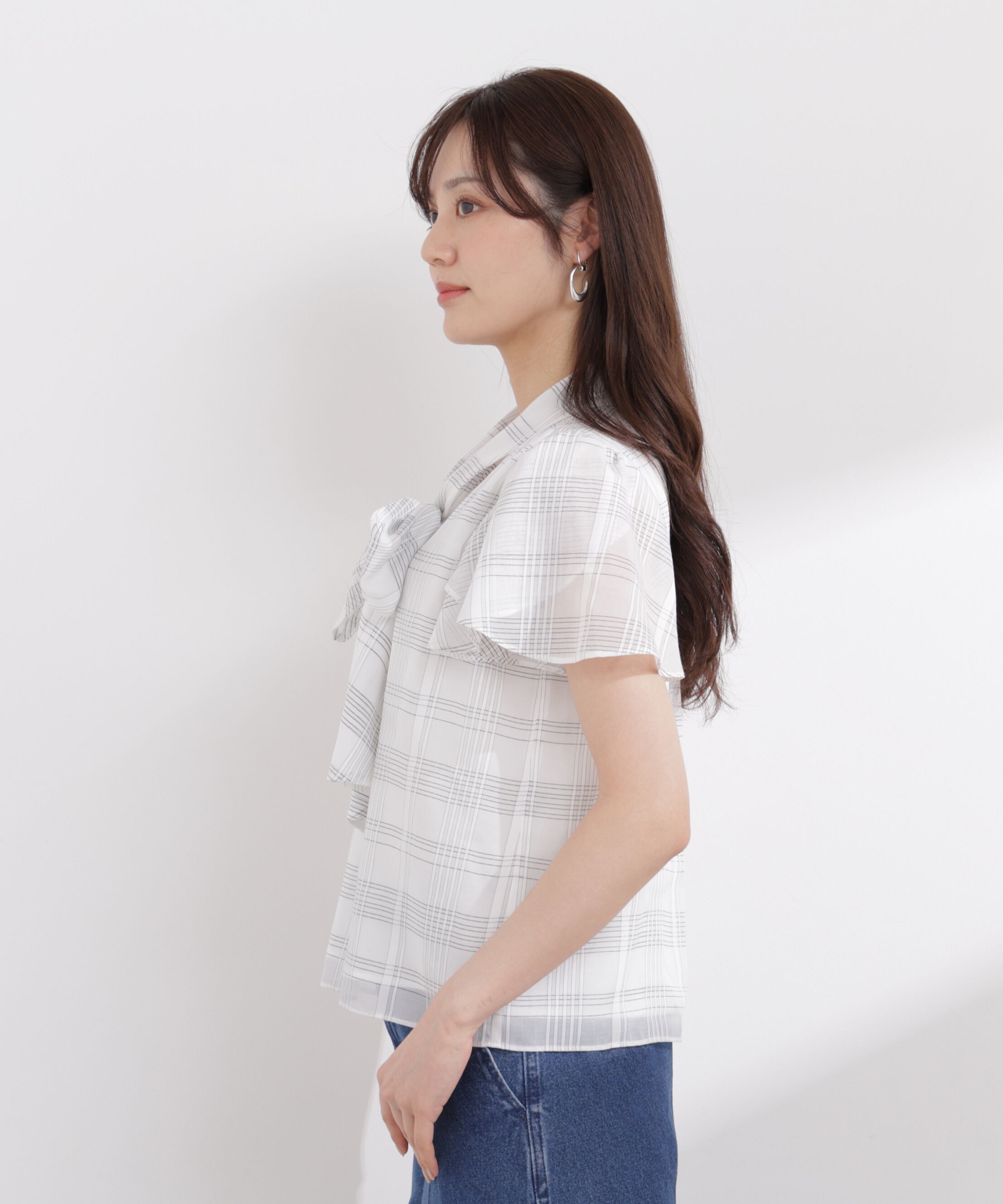 PROPORTION BODY DRESSING「チェックチューリップ袖リボンブラウス 26SS」|シャツ・ブラウス|