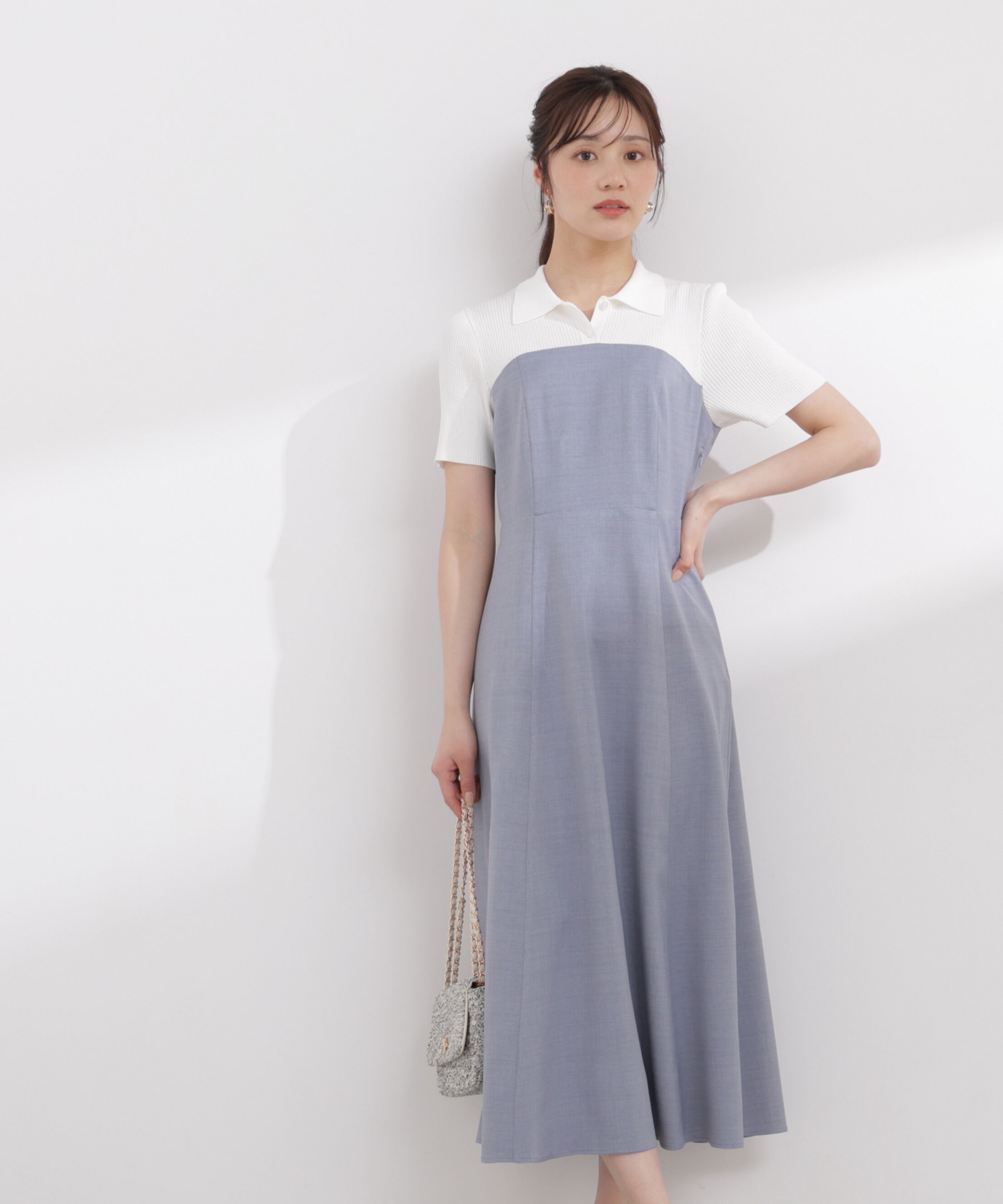 PROPORTION BODY DRESSING「ポロカラードッキングワンピース 26SS」|ワンピース|ホワイト&times;グレ