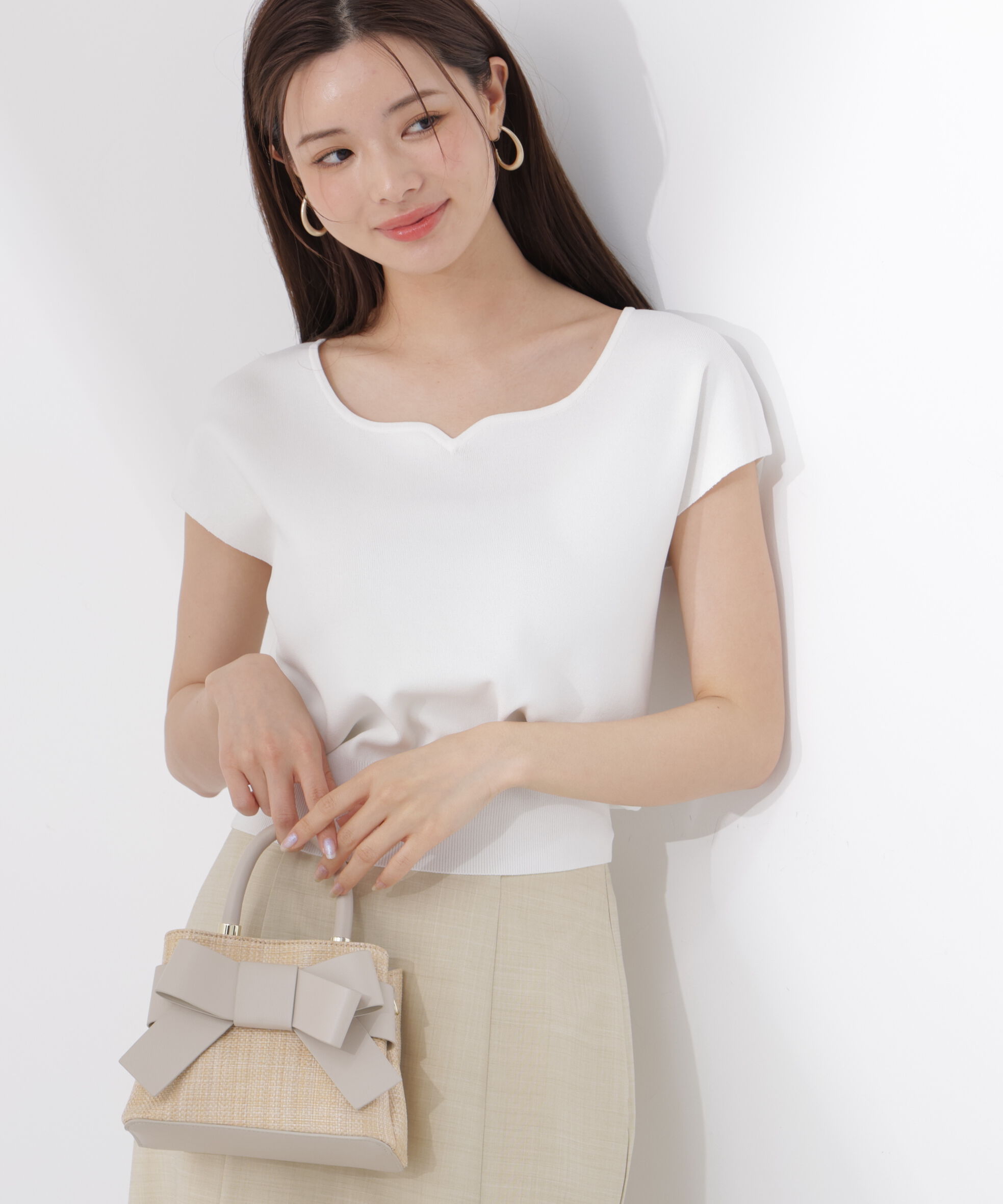 PROPORTION BODY DRESSING「<ｳｫｯｼｬﾌﾞﾙ/UVｶｯﾄ/接触冷感>総針ﾊｰﾄｶｯﾄﾌﾚﾝﾁｽﾘｰﾌ 」|ニット・セーター|ホワイト
