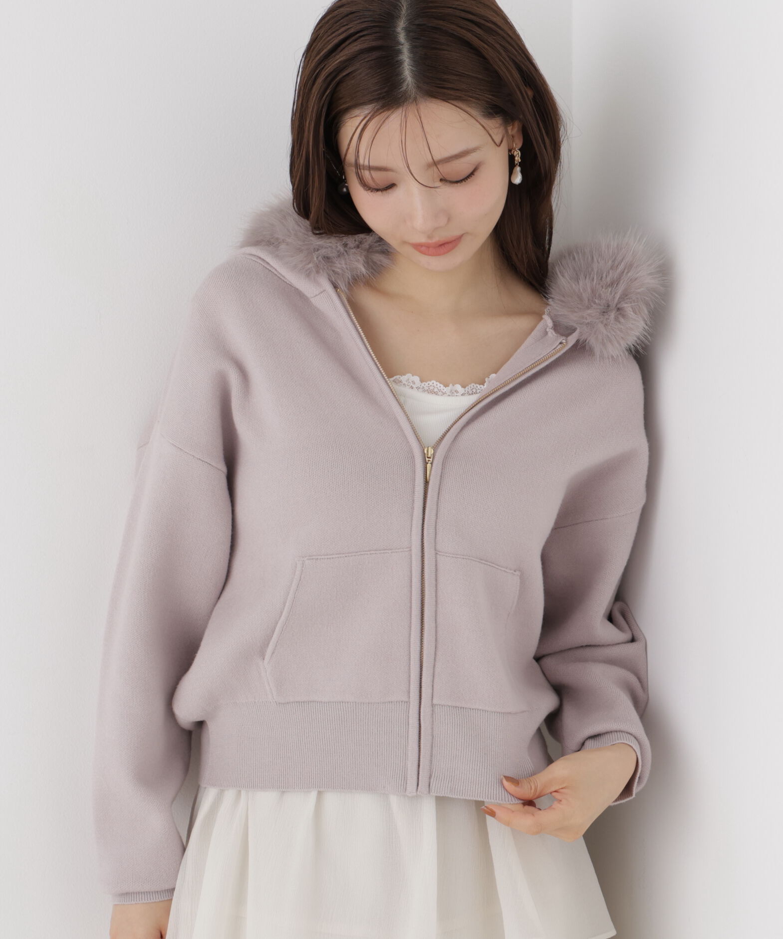 PROPORTION BODY DRESSING「フェイクファー付きニットパーカー 26AW」|ニット・セーター|