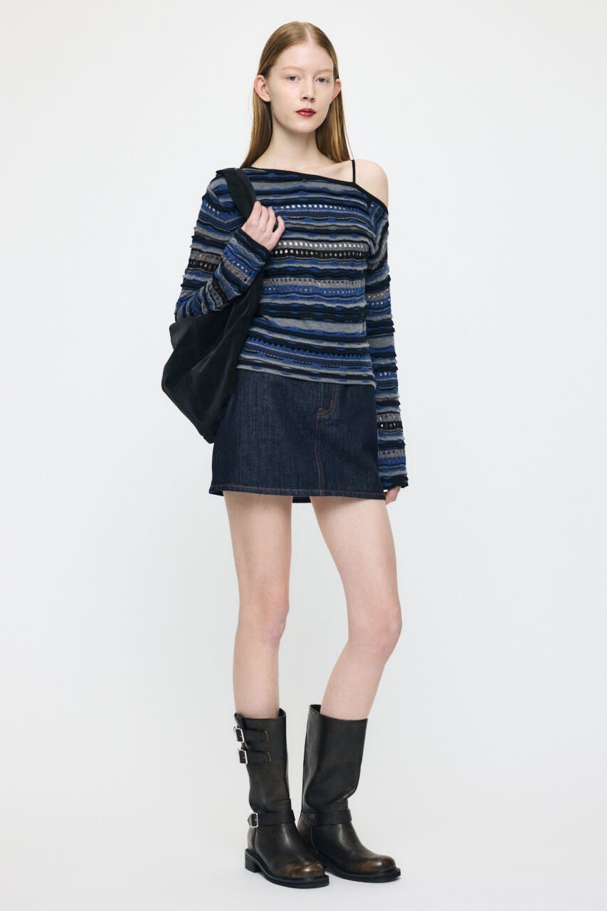 MOUSSY「RANDOM STRIPE OFF SHOULDER トップス」|ニット・セーター|