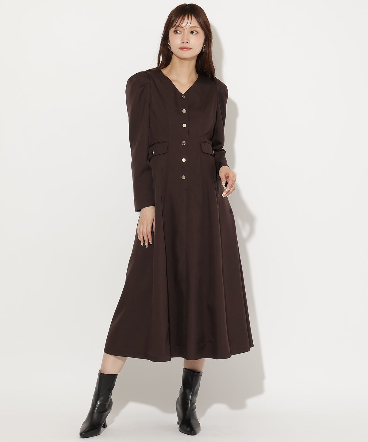 アンドクチュール「Vネックパフスリーブワンピース」|ワンピース|ﾀﾞｰｸﾌﾞﾗｳﾝ