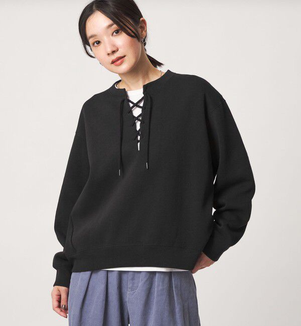UNITED ARROWS green label relaxing「【WEB限定】＜at ease＞ダブルフェイス レースアップ プルオーバー カットソー」|Tシャツ・カットソー|BLACK
