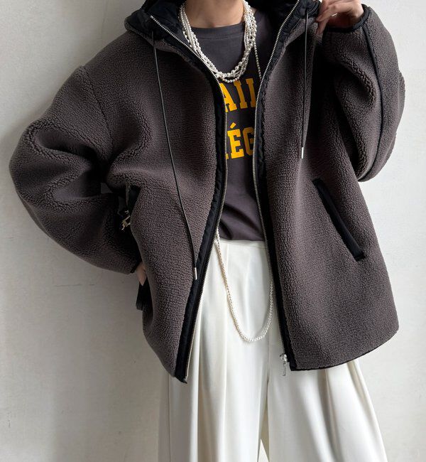  「ボア配色フーディーコート」|その他|モカ
