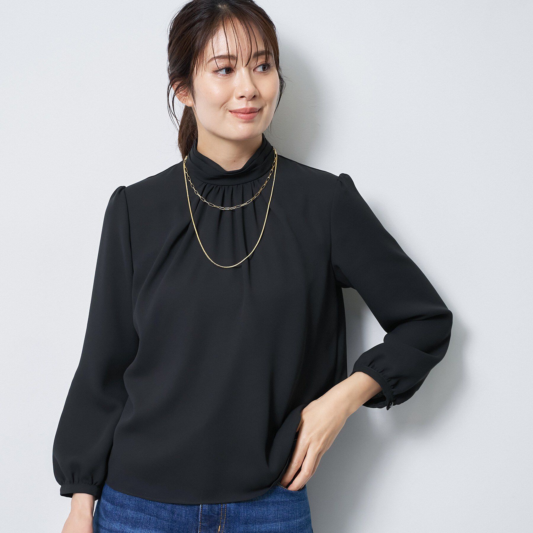Reflect「【SS-4Lサイズ／通勤／セレモニー】プチハイネック シフォンブラウス」|シャツ・ブラウス|ネイビー(094)