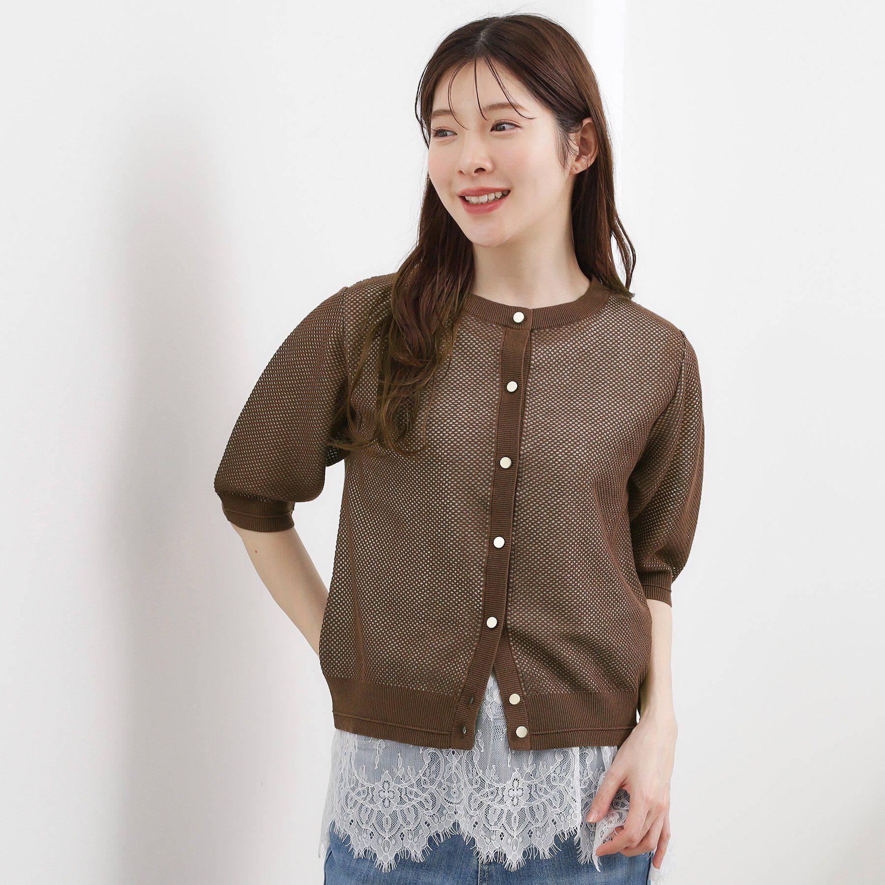 grove「【洗える】透けない、大人のメッシュカーディガン」|カーディガン|