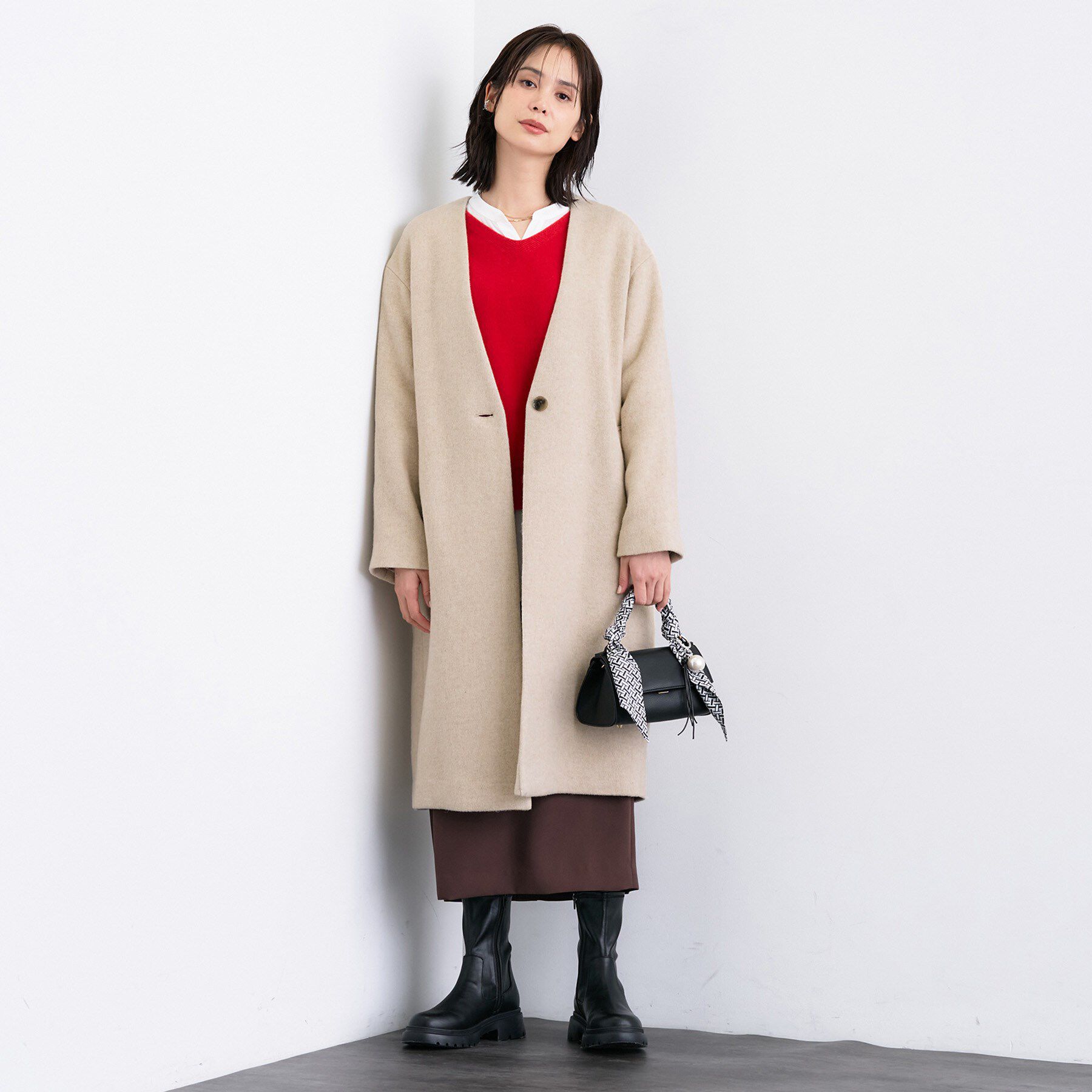 INDIVI「【軽量／ウール混】ライトフォルム ロングコート」|ノーカラーコート|
