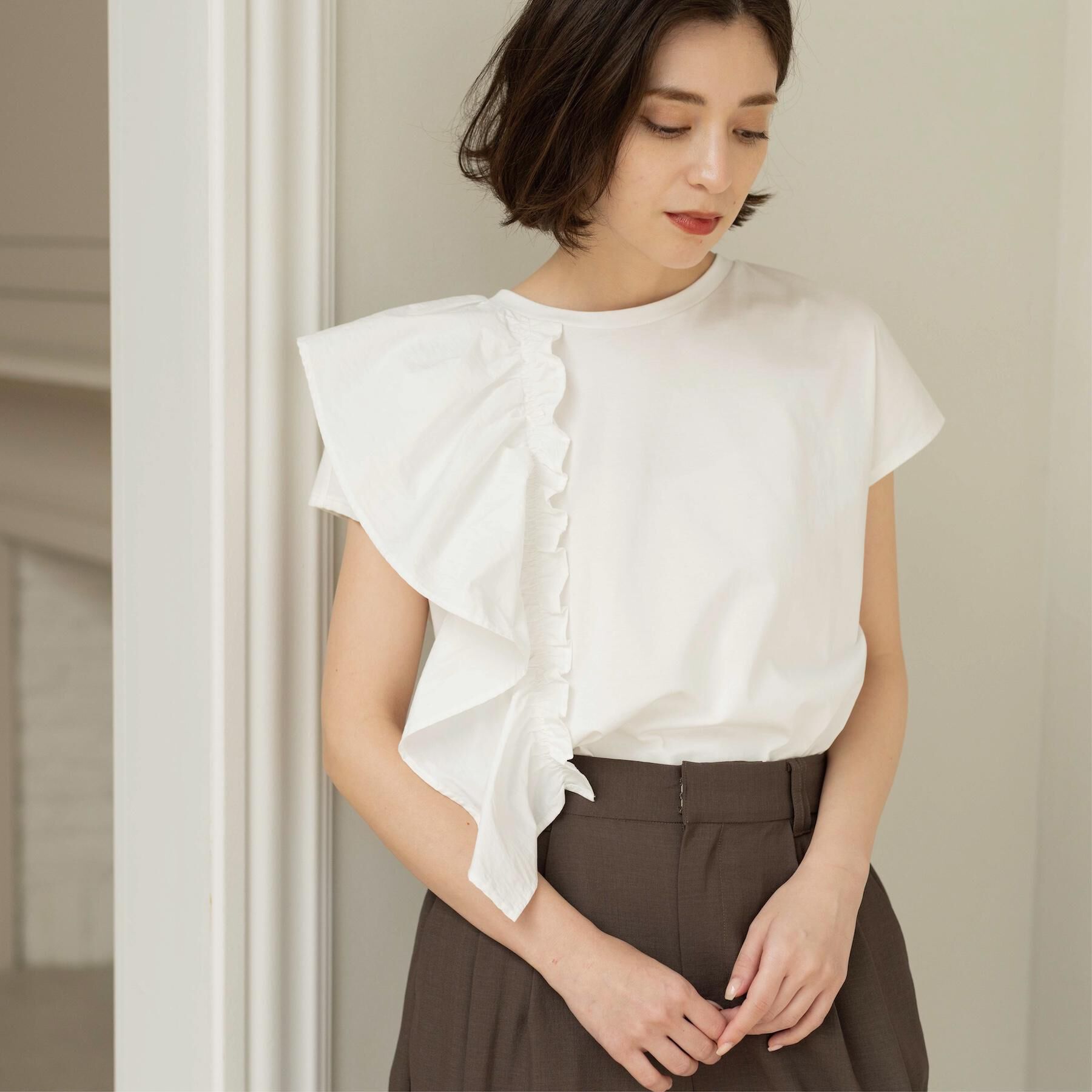 OPAQUE.CLIP「【UVケア／接触冷感】アシメフリルドッキングカットソー《洗濯機OK》」|Tシャツ・カットソー|ホワイト(001)