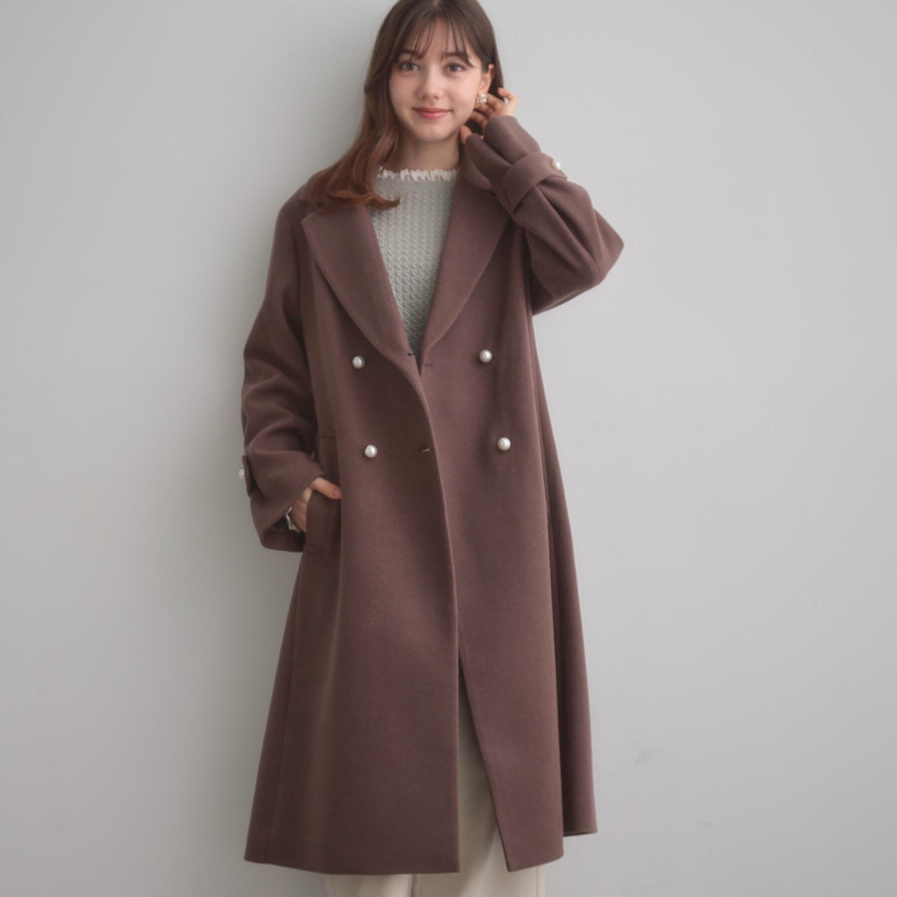 Couture broach「【大人上品・ベルト付き】パール調釦チェスターコート」|チェスターコート|