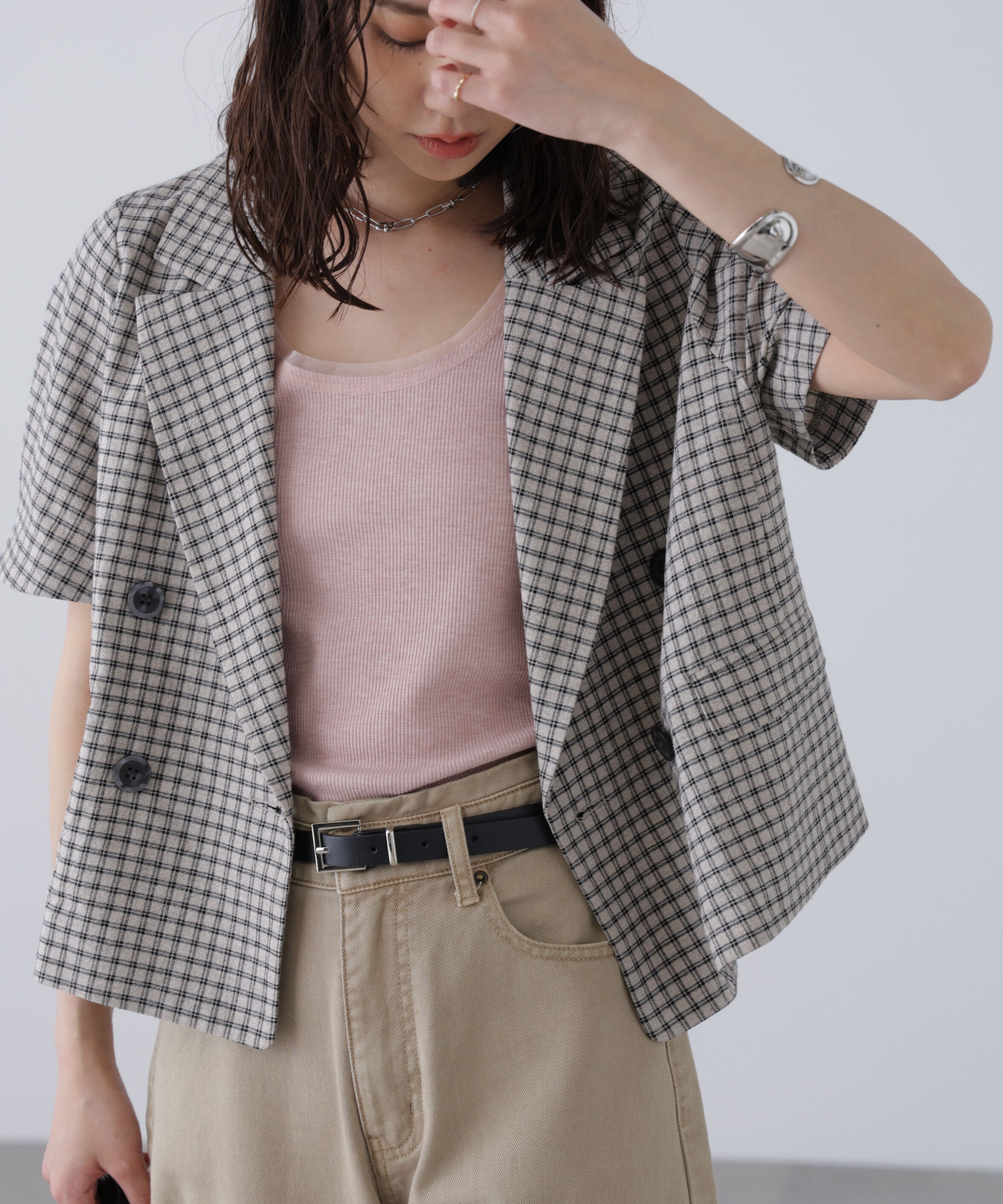  「袖コクーンダブルブレストハーフジャケット」|その他|