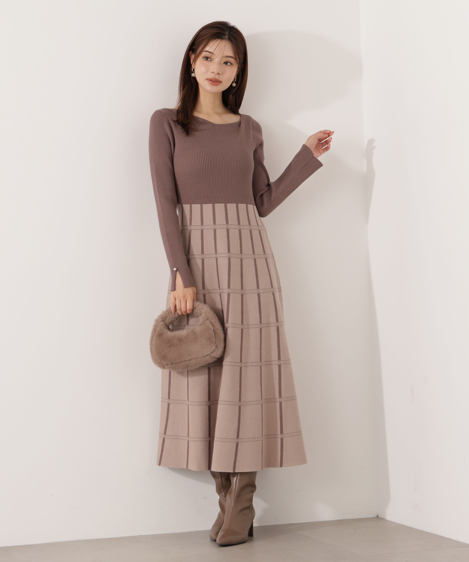 PROPORTION BODY DRESSING「チェック柄ジャガードニットワンピース 25AW」|ワンピース|
