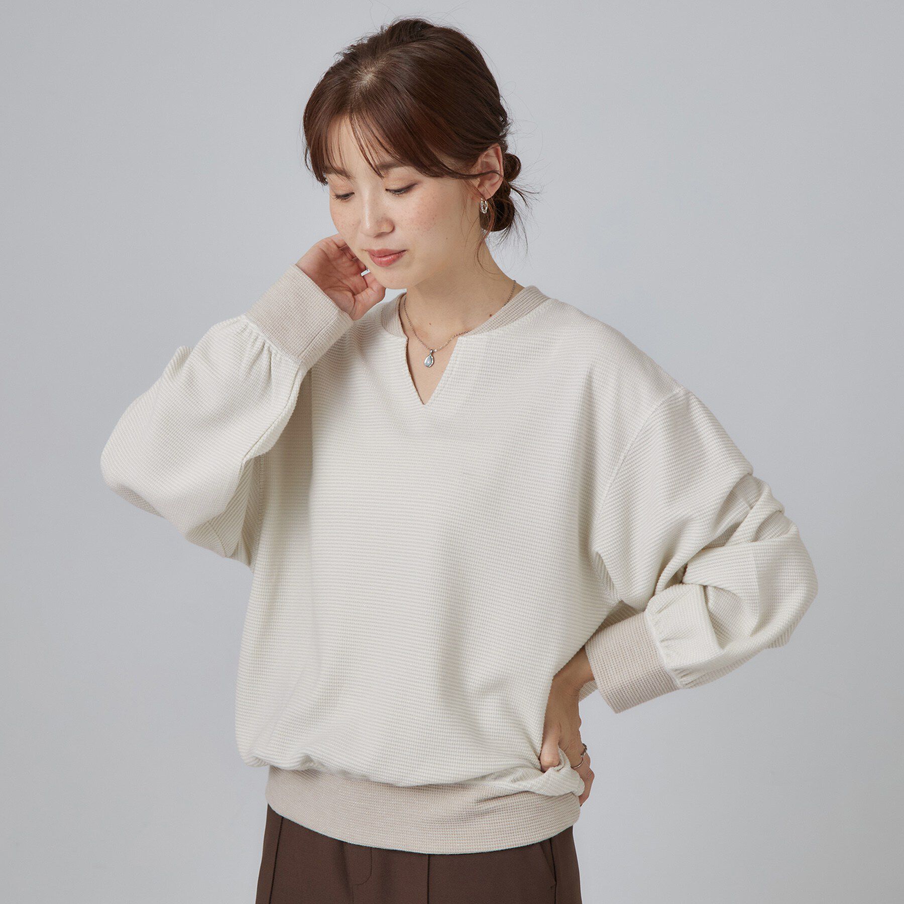 SHOO･LA･RUE「【S-LL/洗濯機可】華やかラメワッフル 配色トップス」|Tシャツ・カットソー|