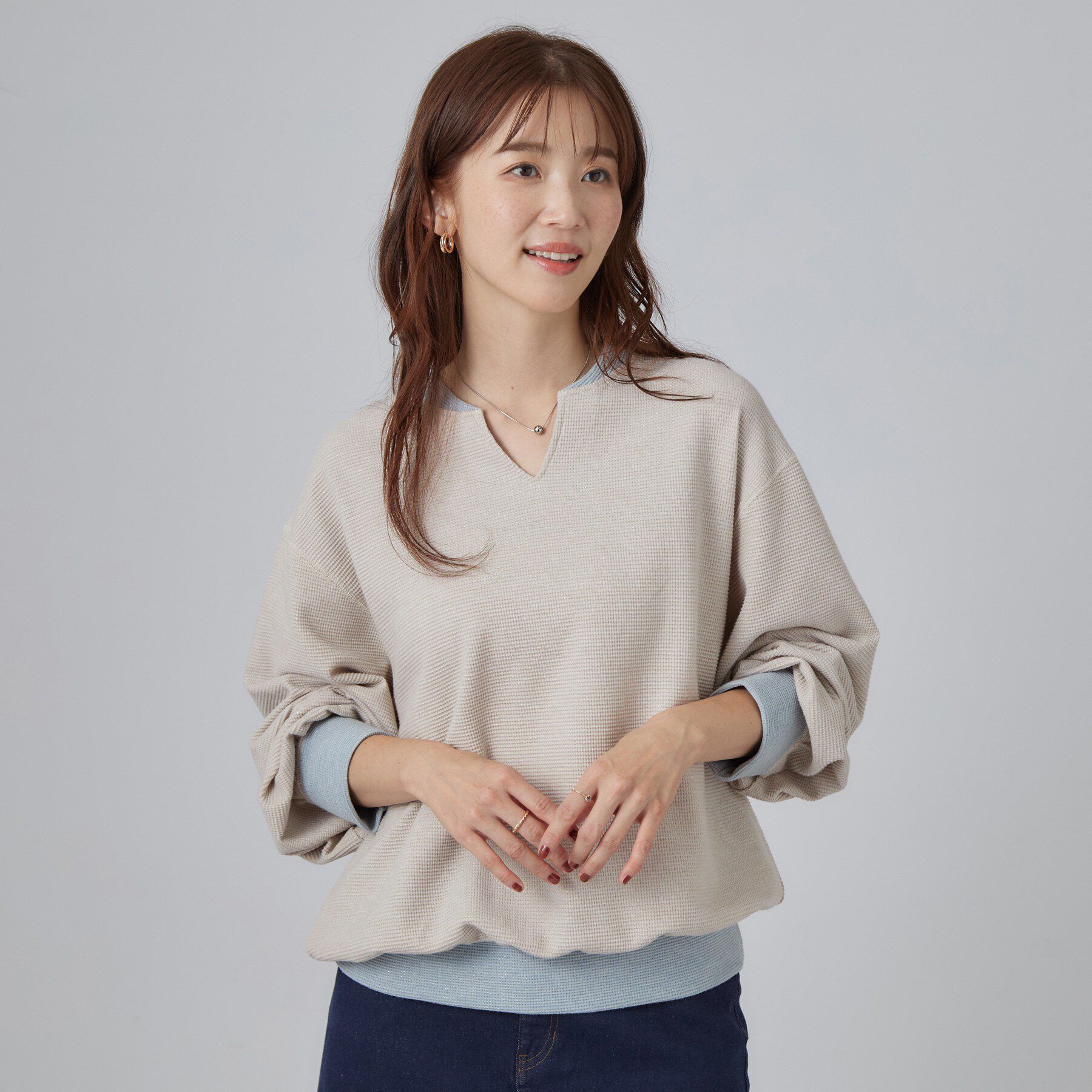 SHOO･LA･RUE「【S-LL/洗濯機可】華やかラメワッフル 配色トップス」|Tシャツ・カットソー|