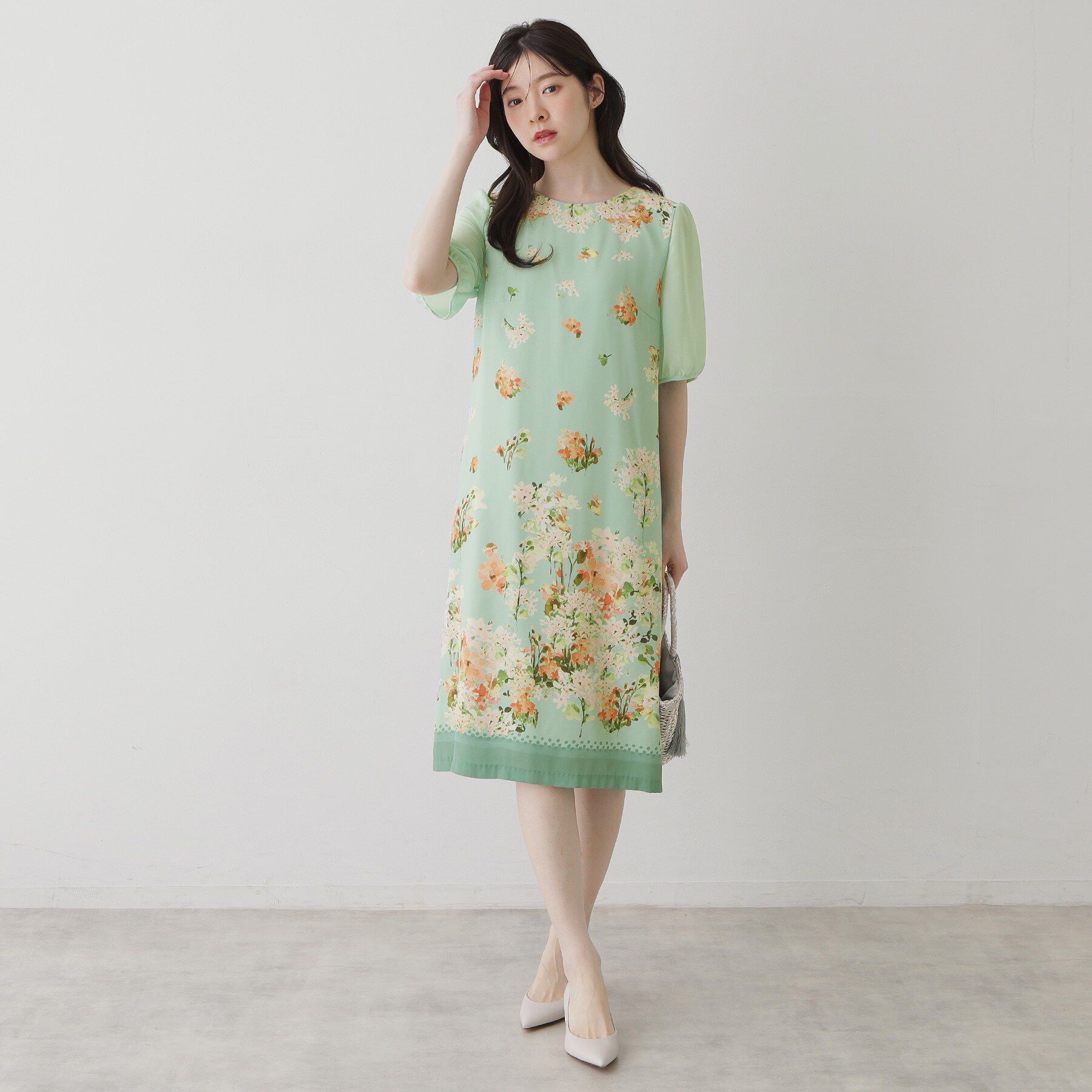 SunaUna「【袖シアー】花柄パフスリーブワンピース」|ワンピース|