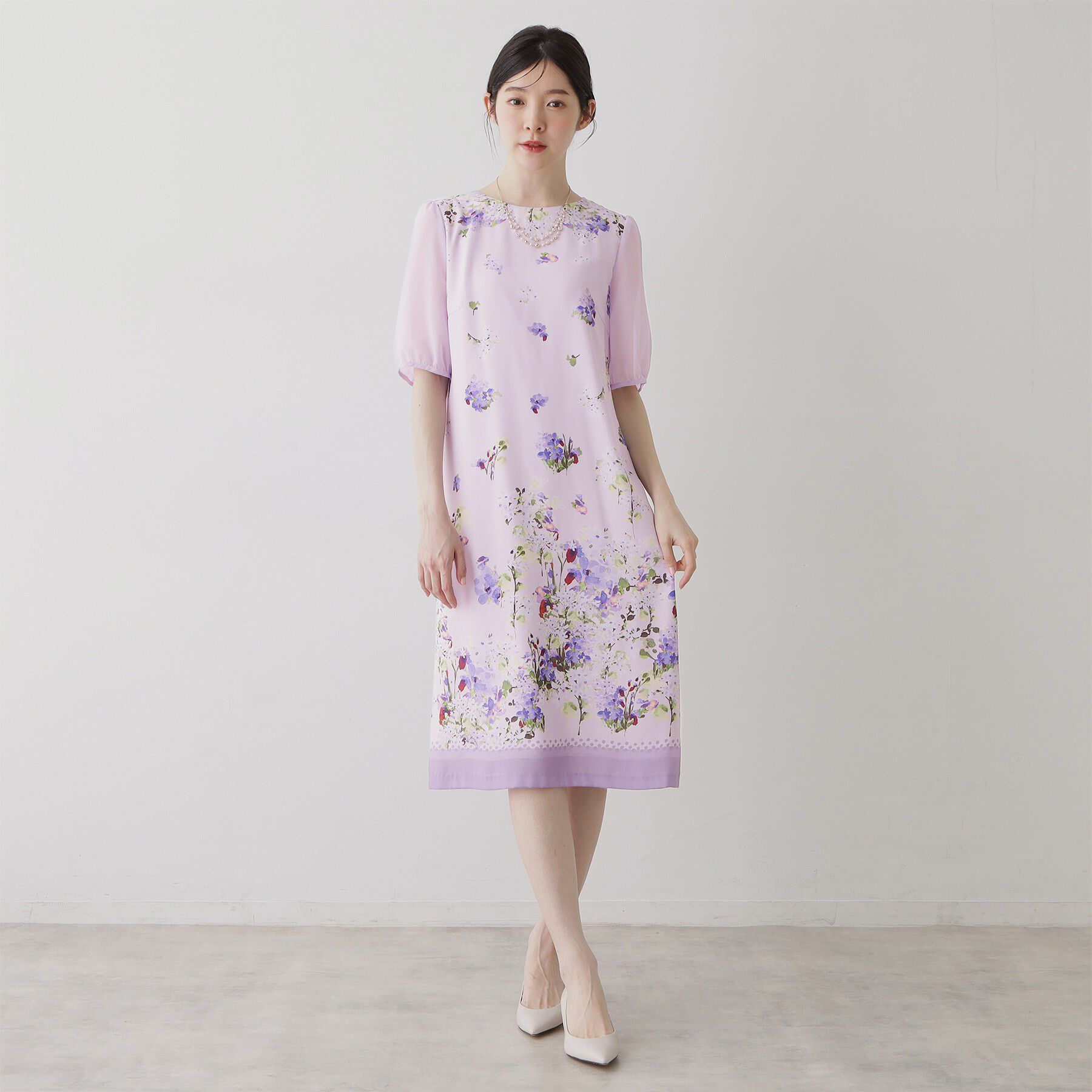 SunaUna「【袖シアー】花柄パフスリーブワンピース」|ワンピース|