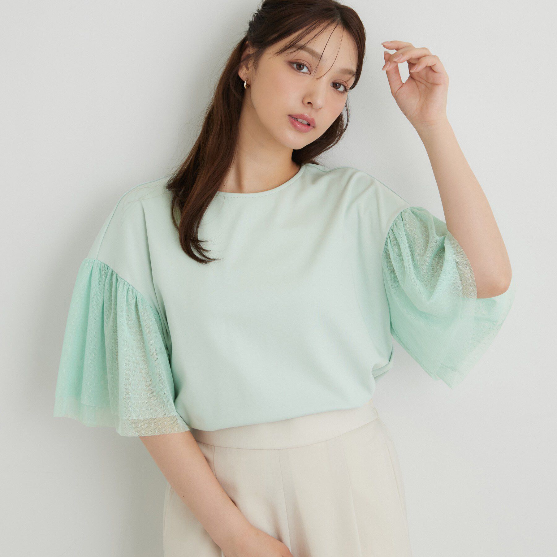 SunaUna「チュール袖カットソー」|Tシャツ・カットソー|ライトグリーン(02