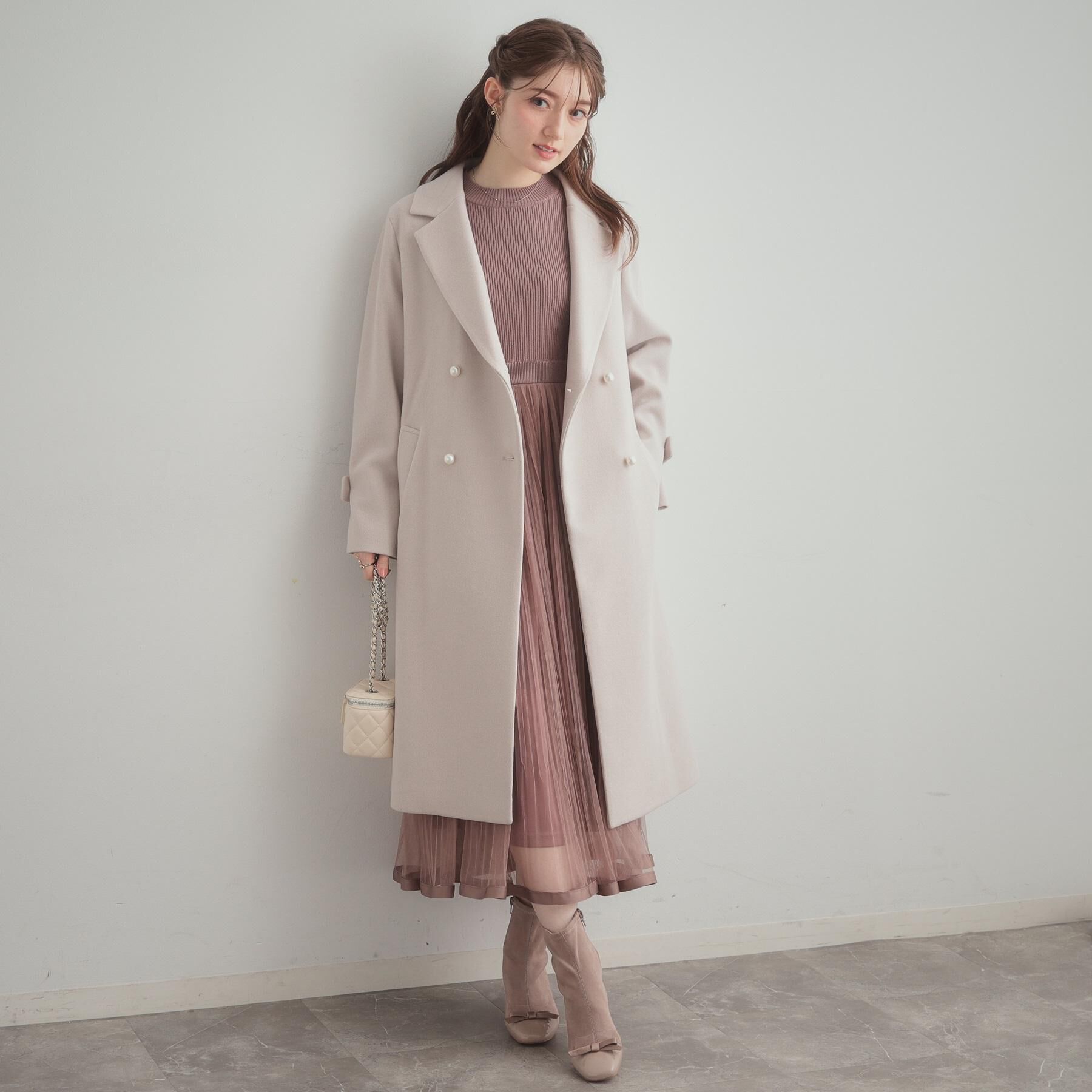 Couture broach「【大人上品・ベルト付き】パール調釦チェスターコート」|チェスターコート|