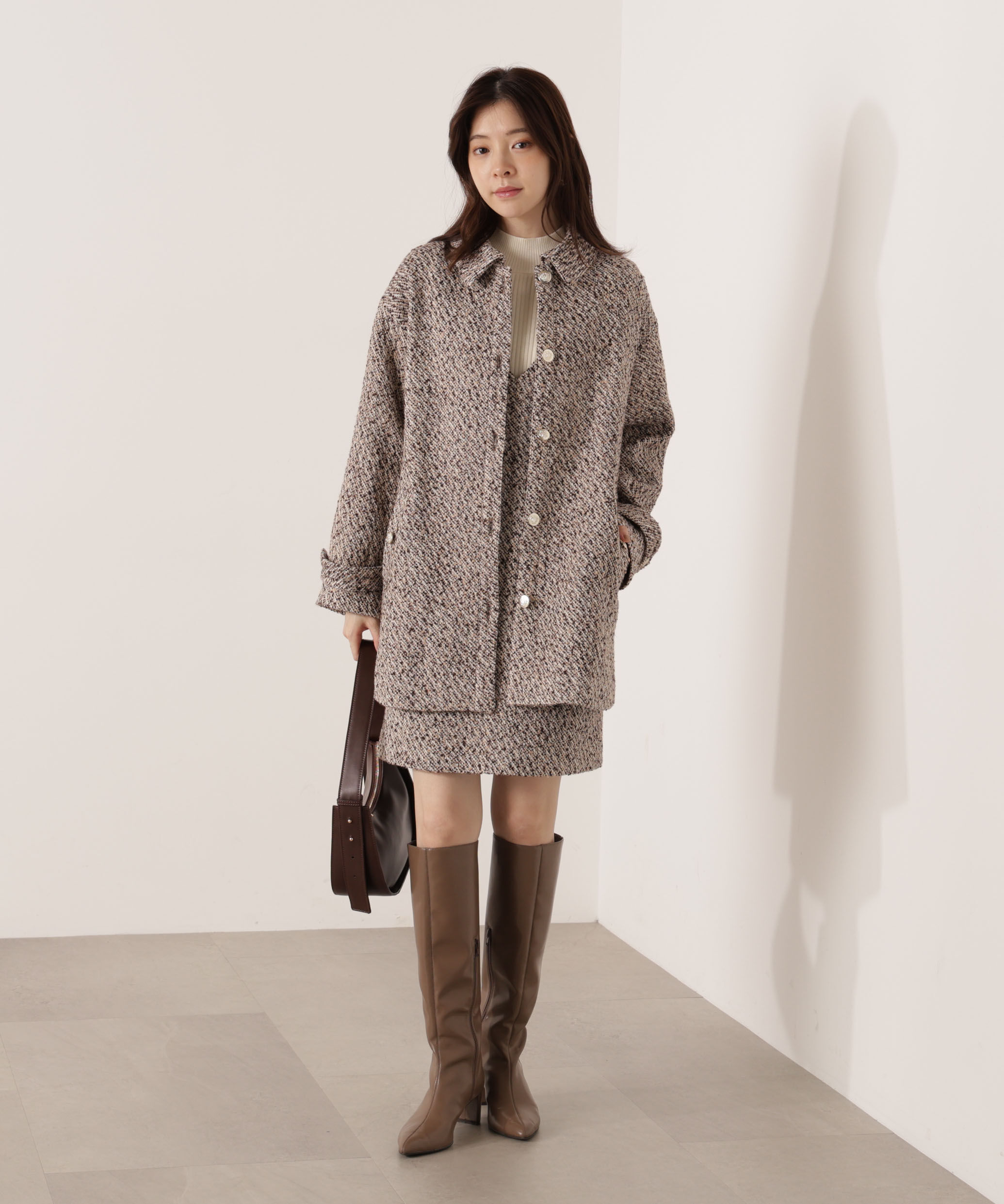 PROPORTION BODY DRESSING「金ボタン付きツイードミドルジャケット 25AW」|ブルゾン・スタジャン|