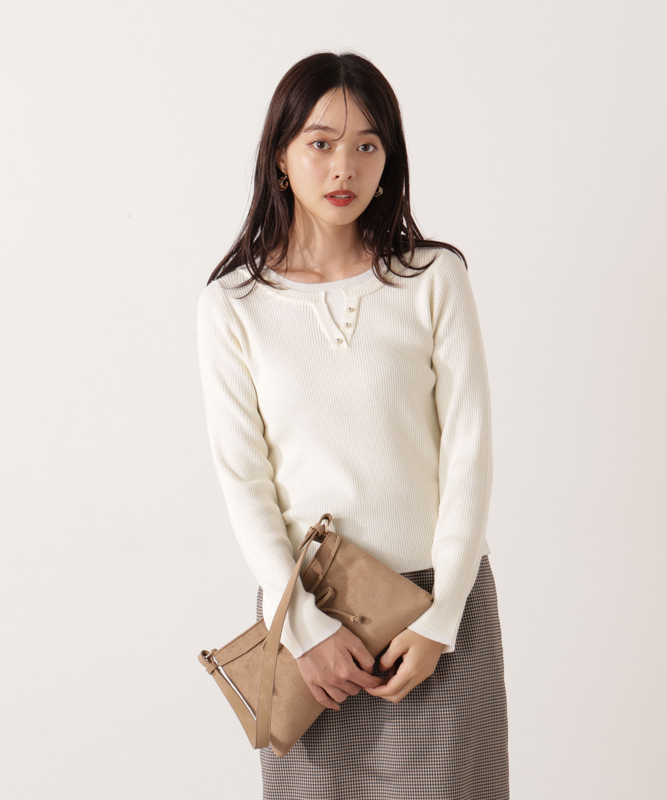 PROPORTION BODY DRESSING「＜ウォッシャブル＞レイヤード風ヘンリーネックニット 25AW」|ニット・セーター|エクリュ&times;ホ  1
