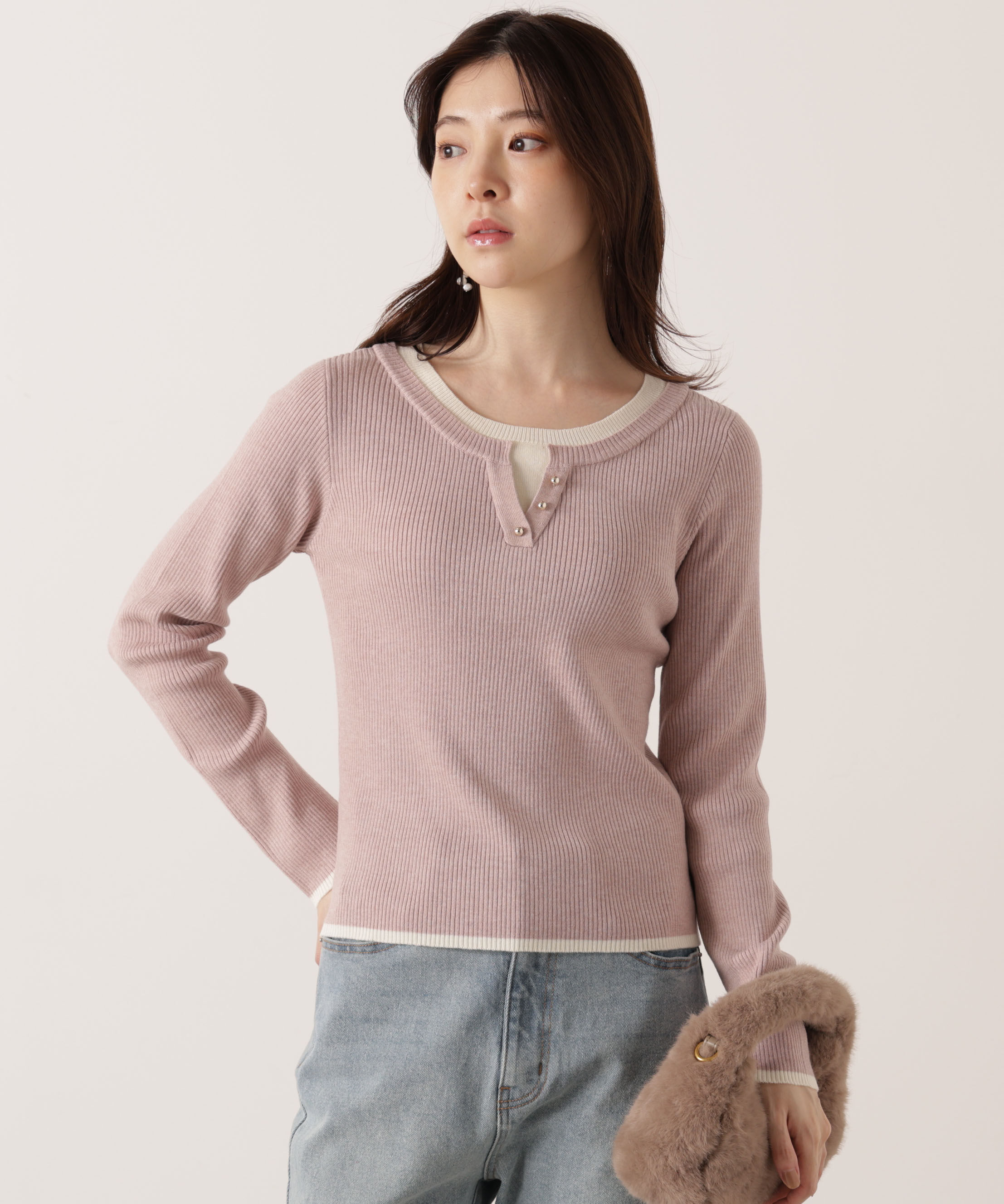 PROPORTION BODY DRESSING「＜ウォッシャブル＞レイヤード風ヘンリーネックニット 25AW」|ニット・セーター|