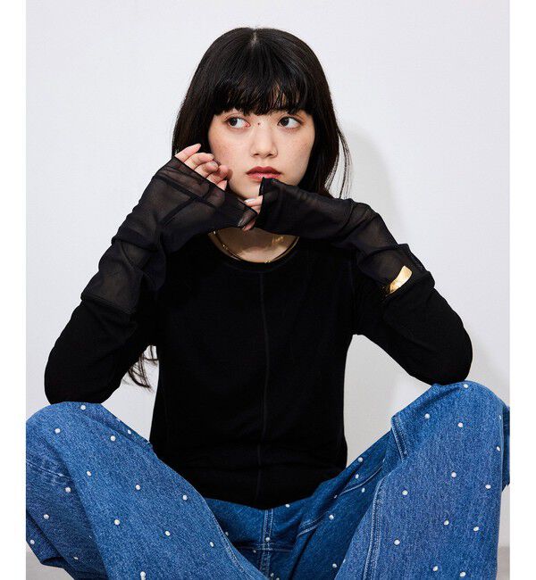 ADAM ET ROPE'「【サステナブル】エアリーシアーカフスカットソー」|Tシャツ・カットソー|ブラック(01)