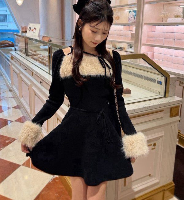 one after another NICE CLAUP「フェイクファーくびれニットミニワンピ【SMサイズ展開】」|ワンピース|