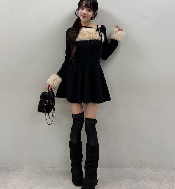one after another NICE CLAUP「フェイクファーくびれニットミニワンピ【SMサイズ展開】」|ワンピース|