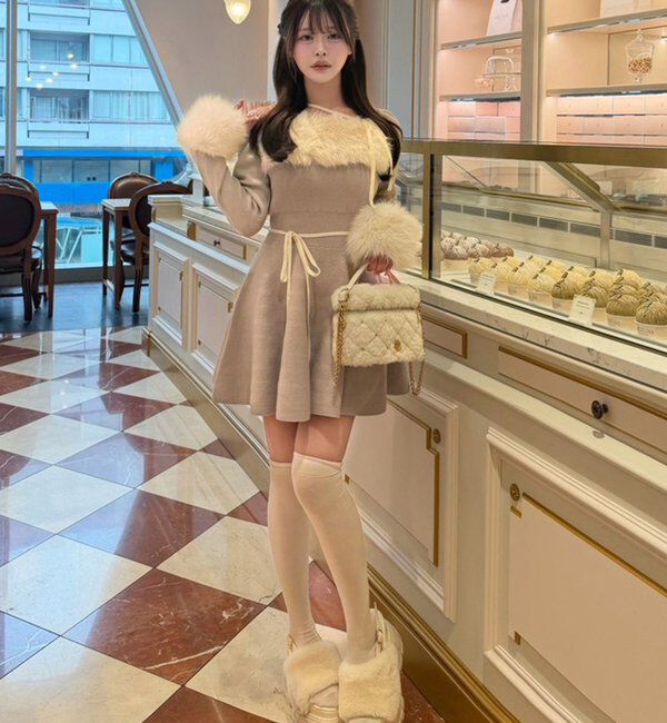 one after another NICE CLAUP「フェイクファーくびれニットミニワンピ【SMサイズ展開】」|ワンピース|