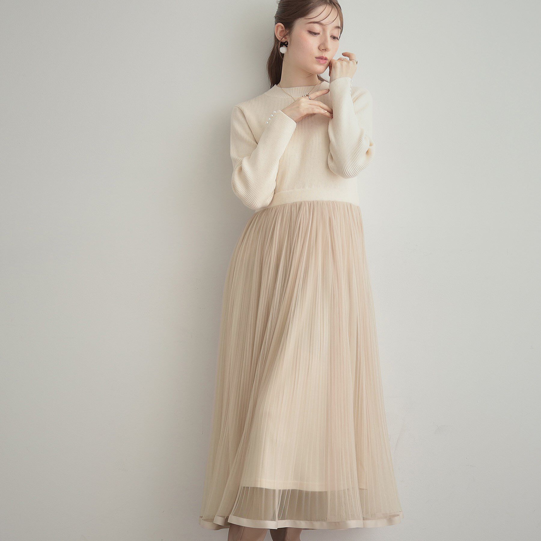 Couture broach「【S-LL/キラキラリブニット】チュールドッキング ワンピース」|ワンピース|