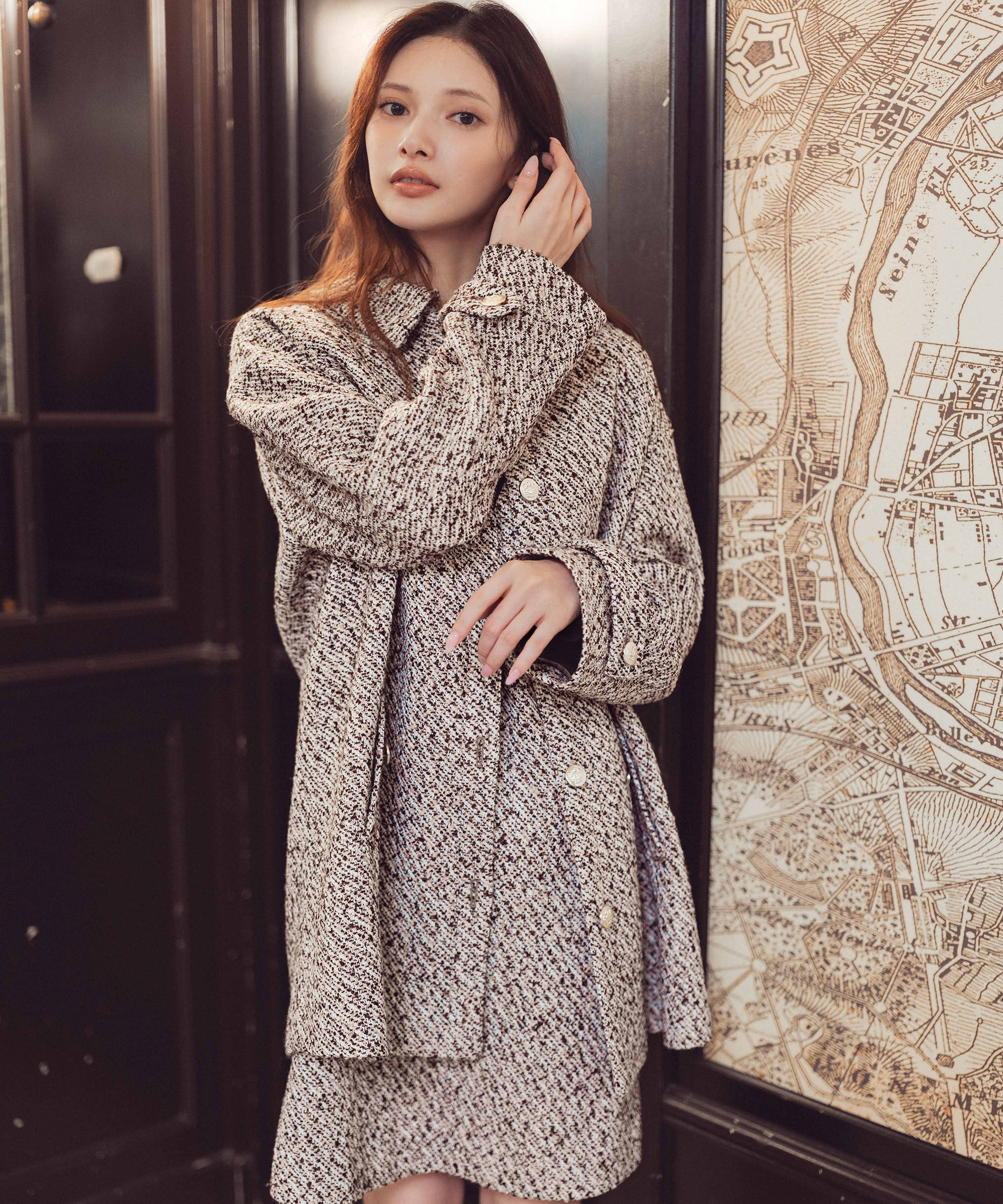 PROPORTION BODY DRESSING「金ボタン付きツイードミドルジャケット 25AW」|ブルゾン・スタジャン|ピンクブラウ