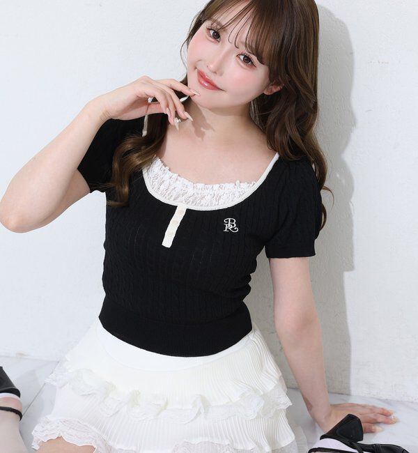 one after another NICE CLAUP「刺繍入りレースドッキングケーブルニット」|ニット・セーター|