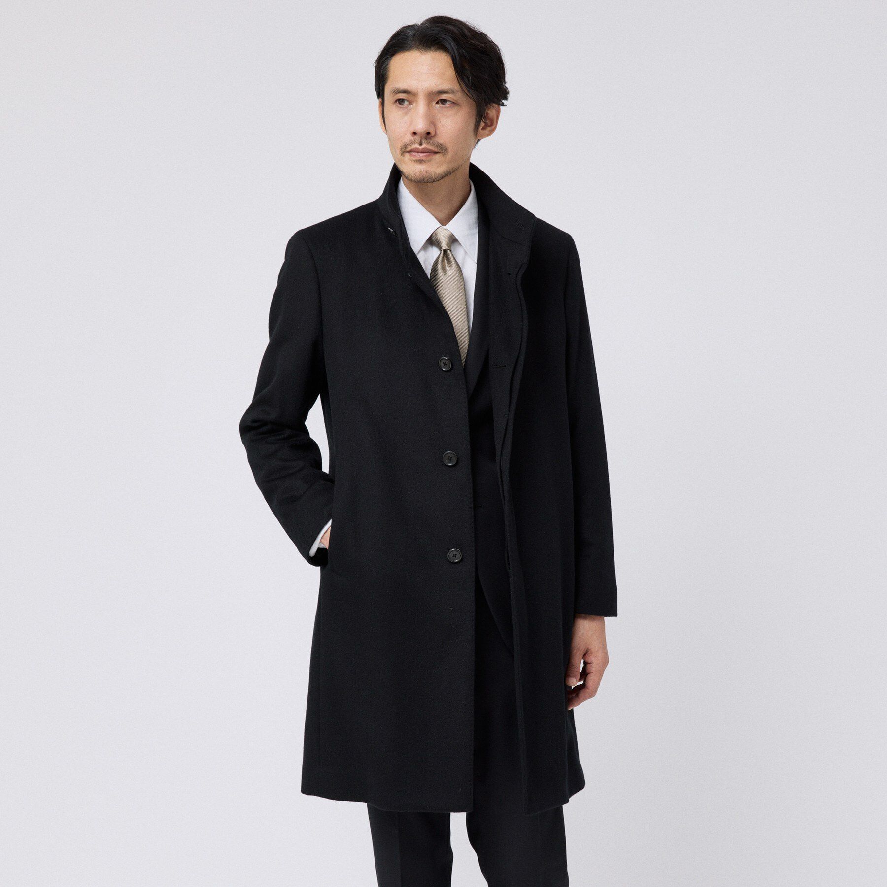 TAKEO KIKUCHI「【ウールカシミヤ混】スタンドカラーコート」|その他|ブラック(119)
