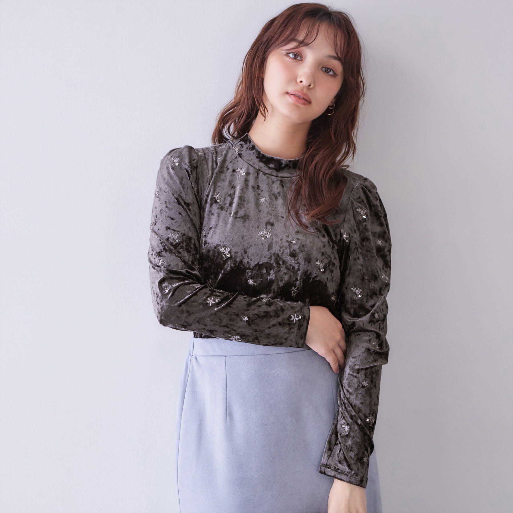 index「ベロア刺繍ハイネックトップス【洗濯機OK】」|Tシャツ・カットソー|