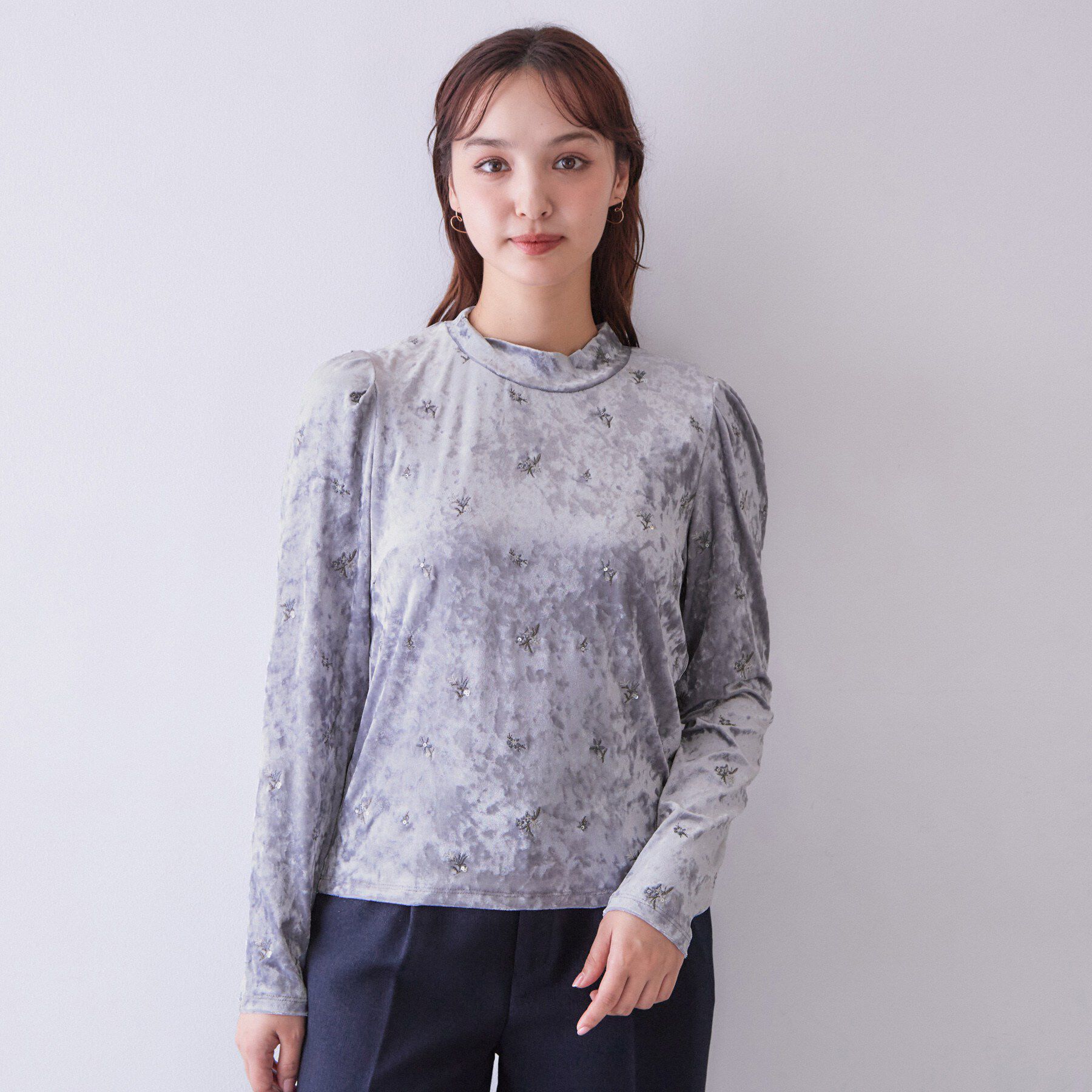 index「ベロア刺繍ハイネックトップス【洗濯機OK】」|Tシャツ・カットソー|