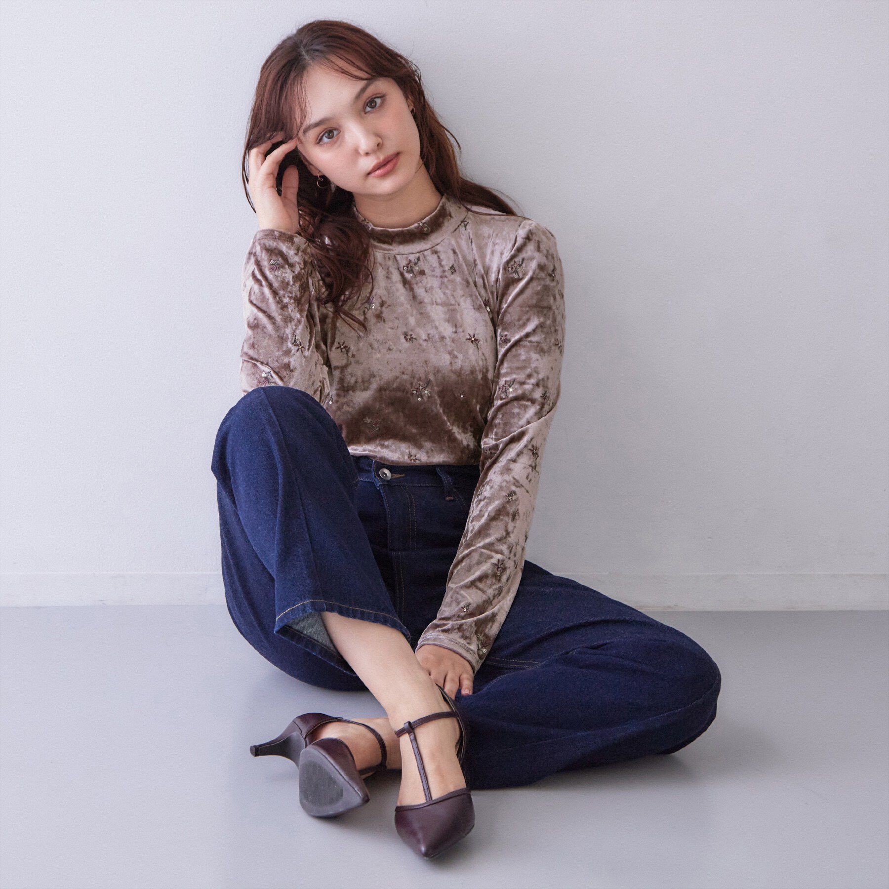 index「ベロア刺繍ハイネックトップス【洗濯機OK】」|Tシャツ・カットソー|