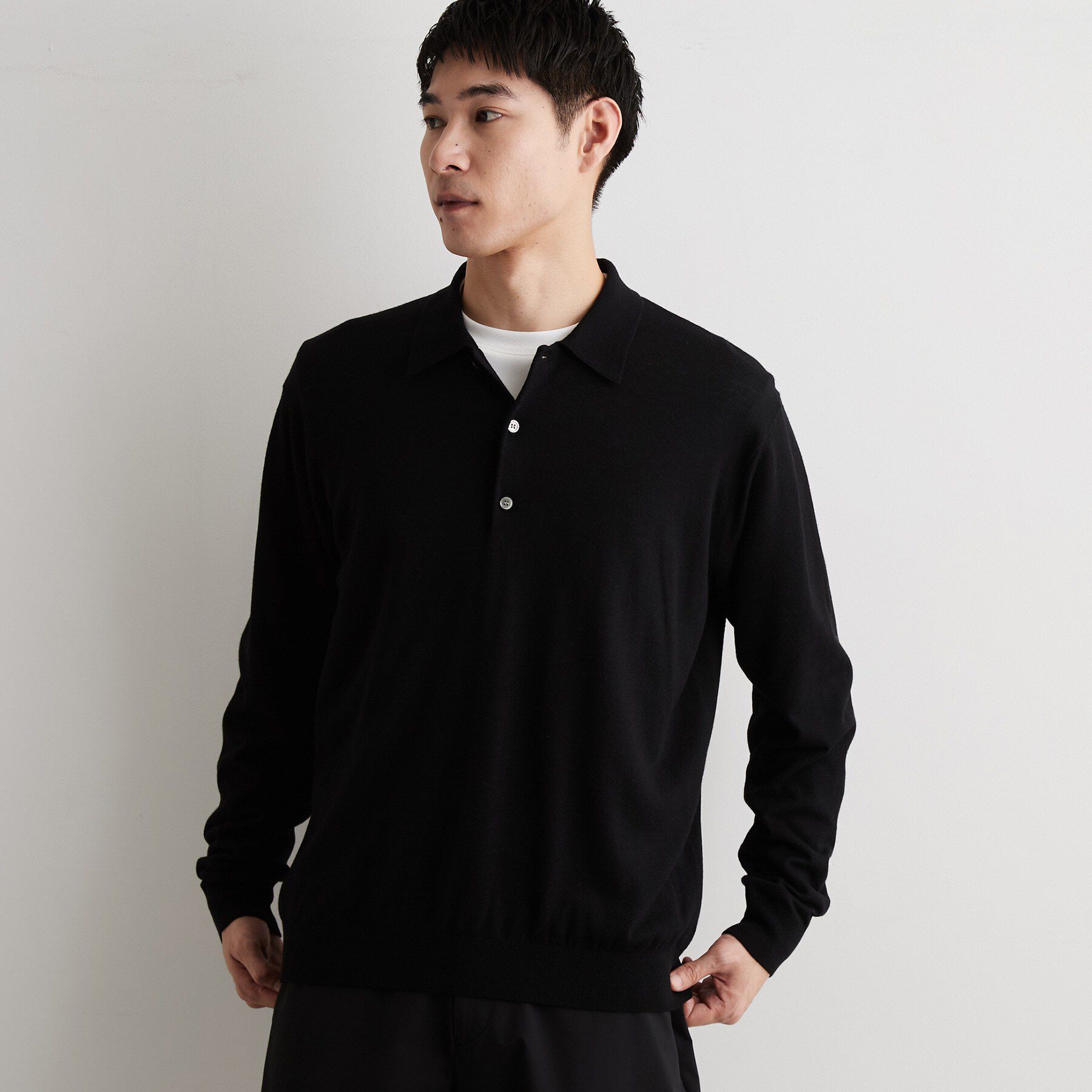 THE SHOP TK「Kuro ウール混長袖ニットポロシャツ」|ニット・セーター|