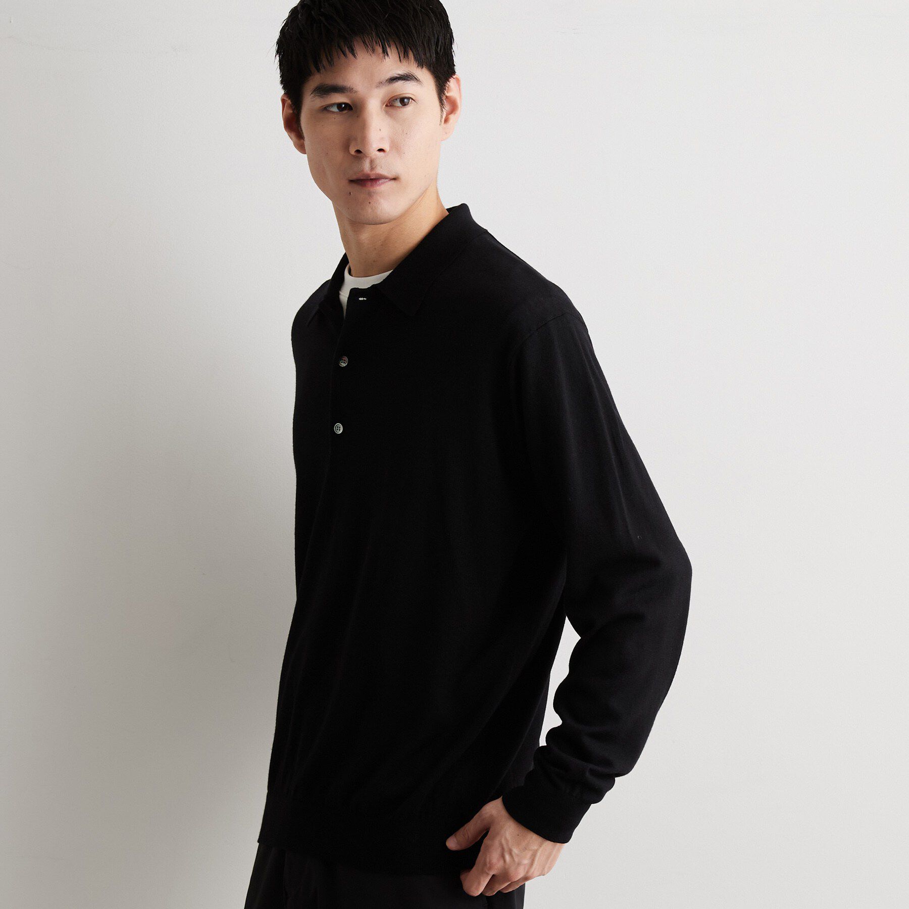THE SHOP TK「Kuro ウール混長袖ニットポロシャツ」|ニット・セーター|