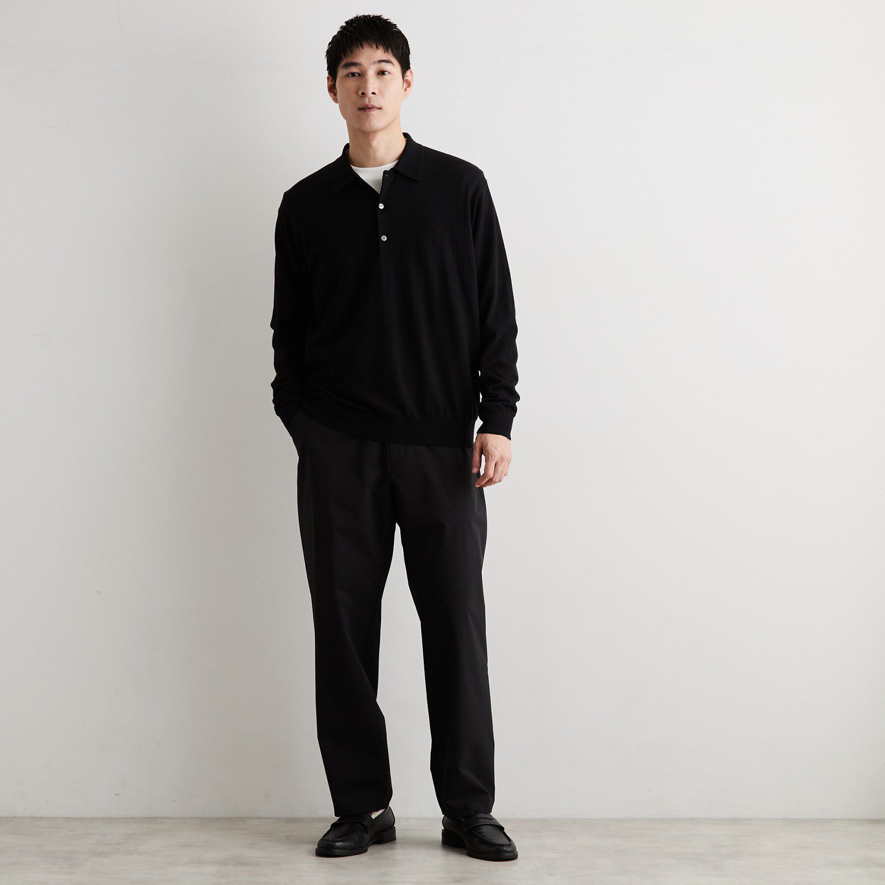 THE SHOP TK「Kuro ウール混長袖ニットポロシャツ」|ニット・セーター|