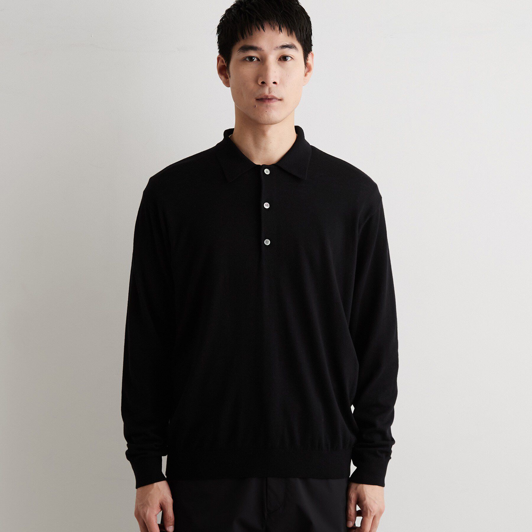 THE SHOP TK「Kuro ウール混長袖ニットポロシャツ」|ニット・セーター|