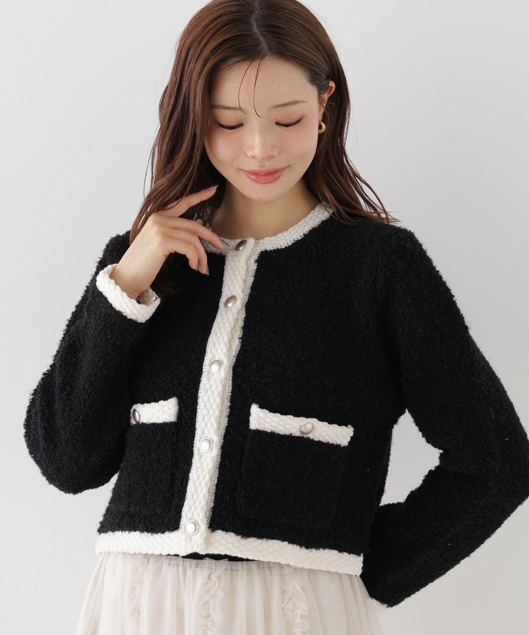 PROPORTION BODY DRESSING「＜a/mie＞ブークレニットジャケット」|カーディガン|ブラック&times;エク