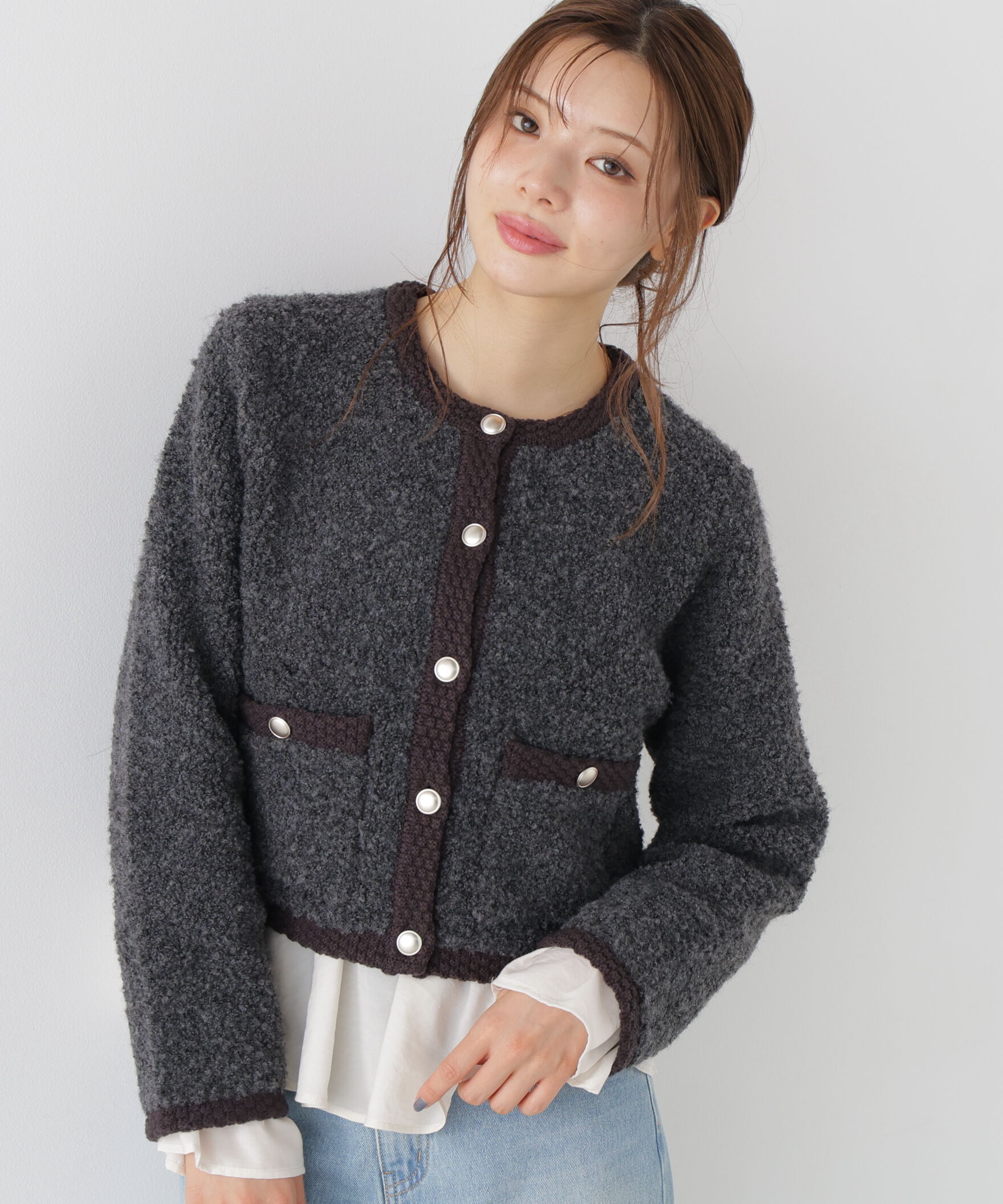 PROPORTION BODY DRESSING「＜a/mie＞ブークレニットジャケット」|カーディガン|チャコール2
