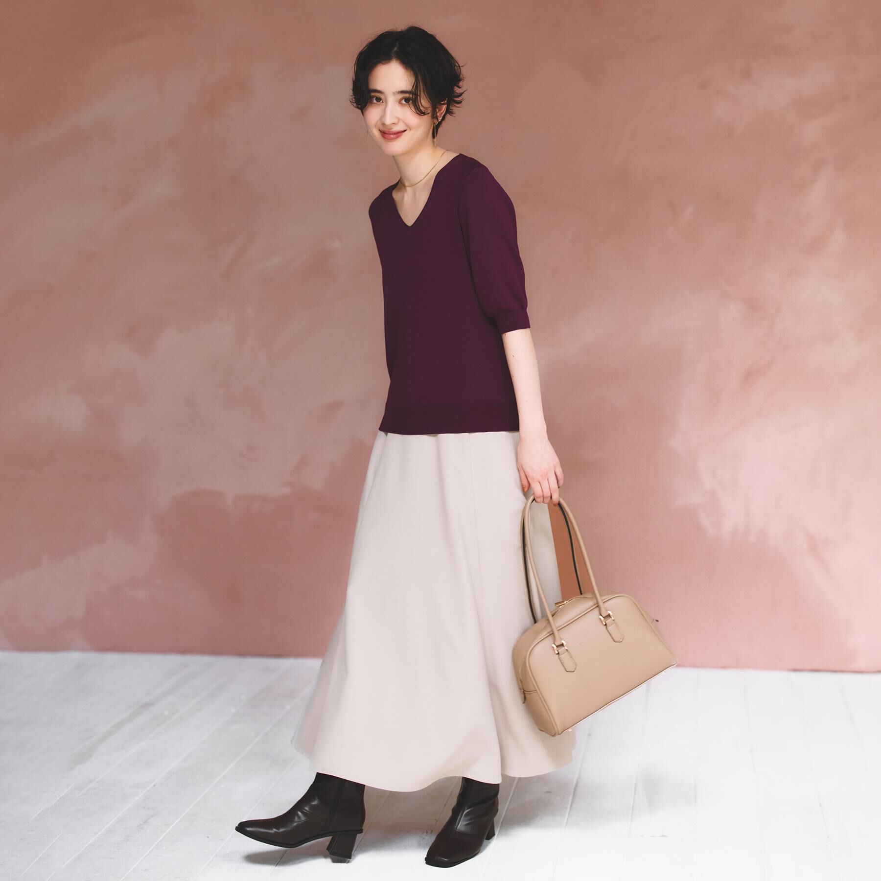 THE SHOP TK「【秋始めにちょうどいい/毛玉防止】すっきりVネック秋色6分袖ニット」|ニット・セーター|