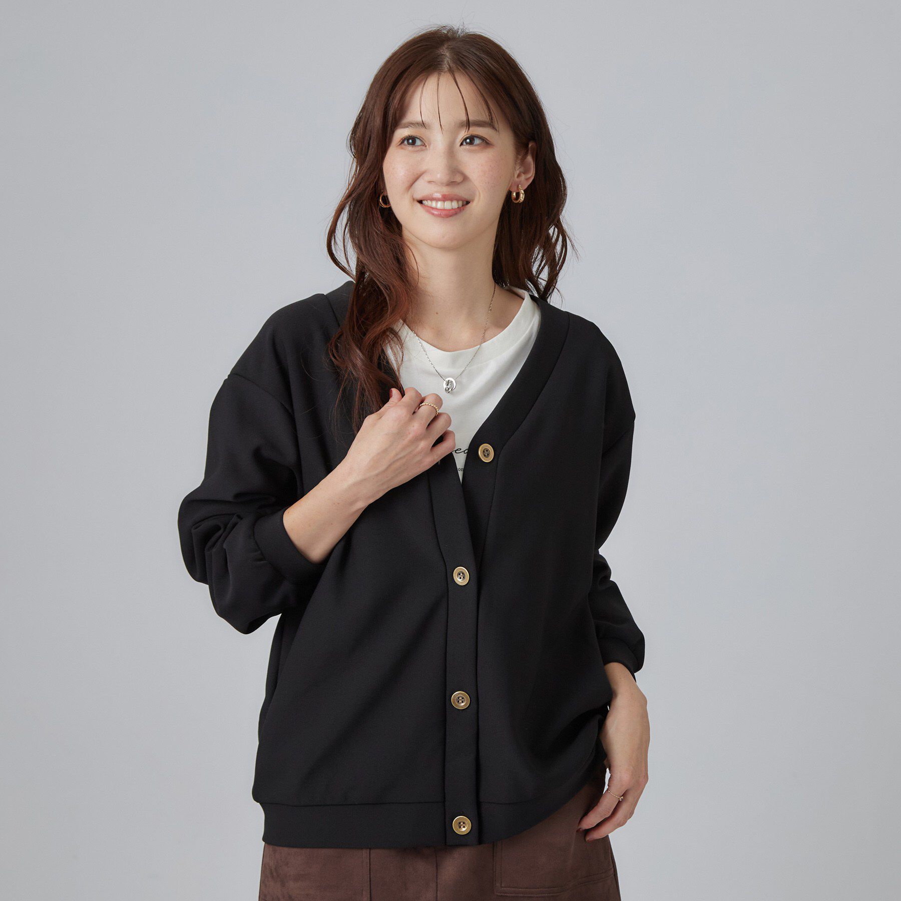 SHOO･LA･RUE「【あったか/S-LL/セットアップ可】ラクにキレイ見え ストレッチVネックカーディガン」|カーディガン|