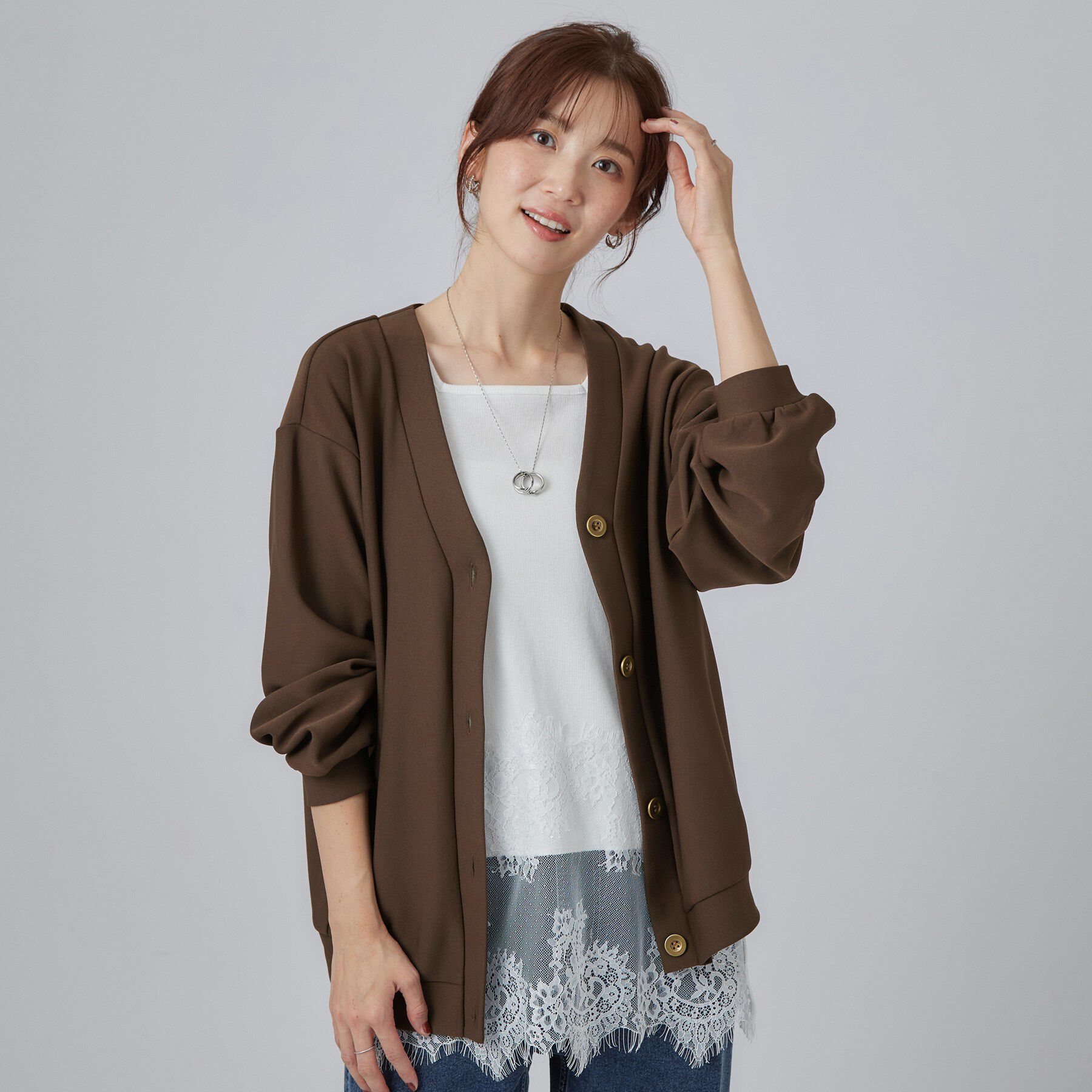 SHOO･LA･RUE「【あったか/S-LL/セットアップ可】ラクにキレイ見え ストレッチVネックカーディガン」|カーディガン|