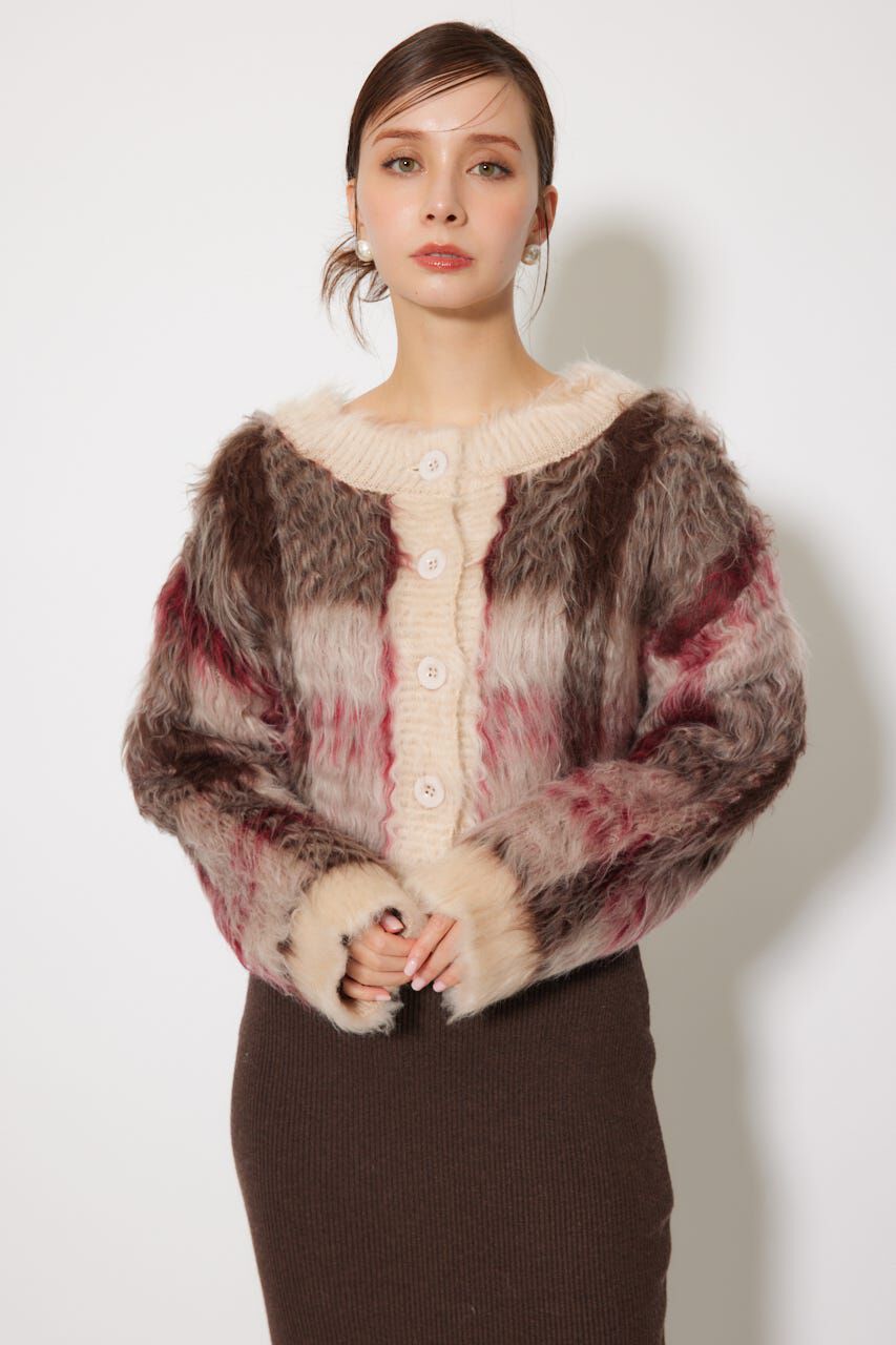 rienda「2WAYロングシャギーチェックショートニットカーディガン」|カーディガン|