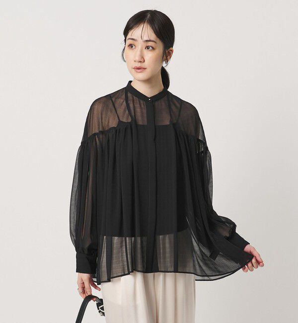 UNITED ARROWS「シアー ギャザー バンドカラー ブラウス」|シャツ・ブラウス|BLACK
