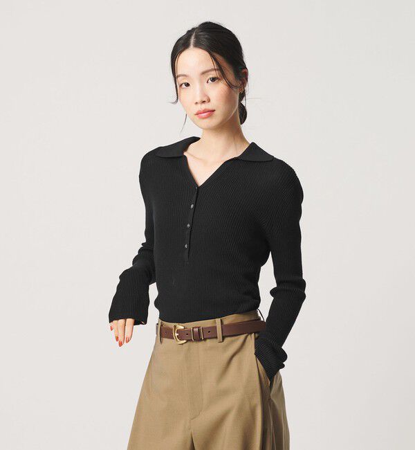 BEAUTY&YOUTH UNITED ARROWS「オーガニックコットン スキッパー  リブニットプルオーバー ウォッシャブル」|ニット・セーター|BLACK