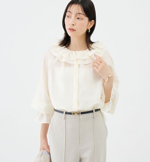 NOLLEY'S sophi「ウォッシャブルシアーフリルネックブラウス」|シャツ・ブラウス|オフホワイト